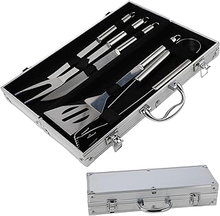 Set Barbecue Professionnel en Acier Inoxydable 5 pièces - Accessoires Barbecue Ustensiles Barbecue Cadeau pour Homme 37x12x7 cm Mallette en Aluminium idéal pour grillades et Cuisine