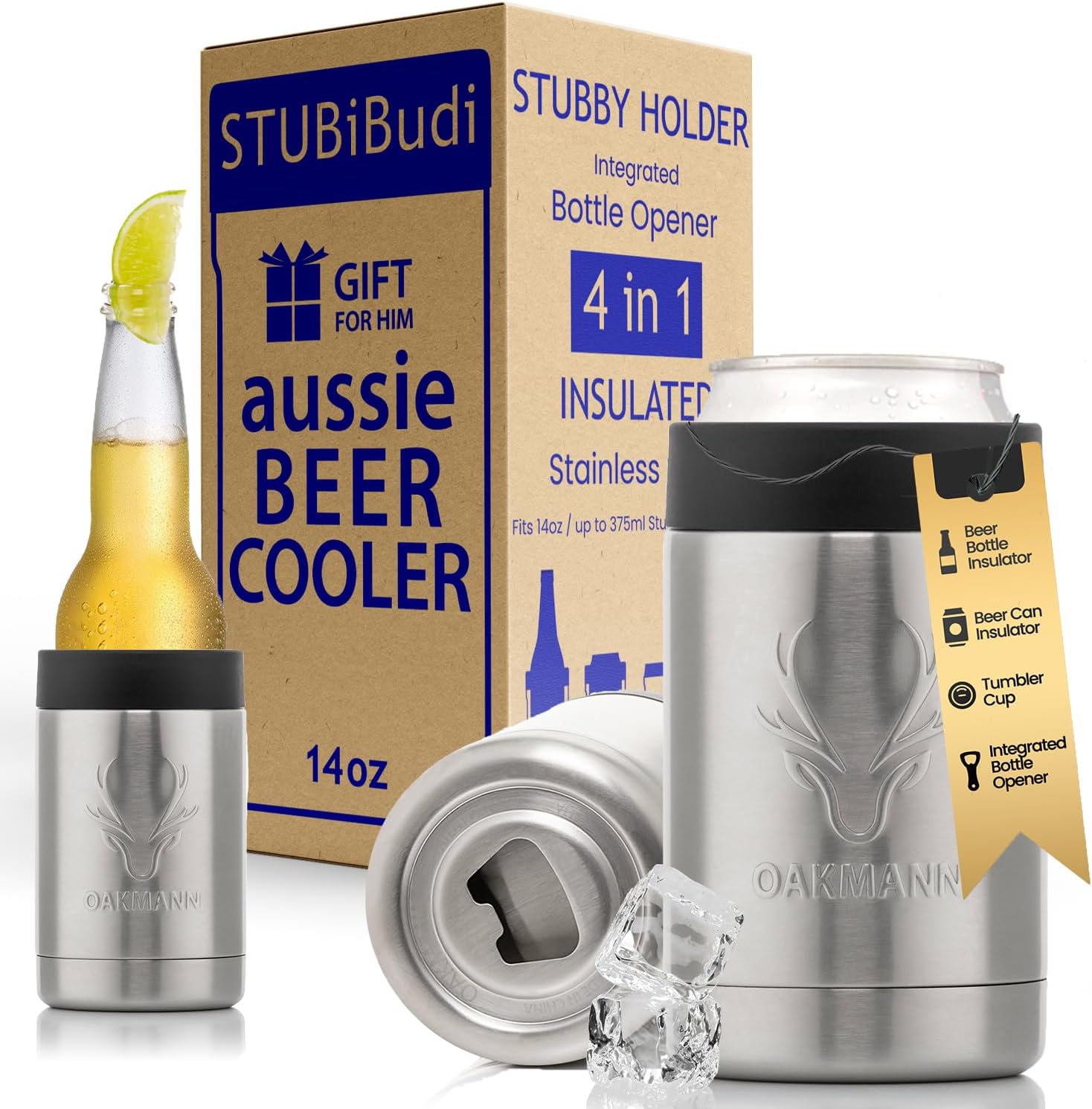 STUBiBudi Stubby Holder, Beer Cooler, Bottle Opener | Premium 375ml Can Coolers 4 in 1 Stubby Cooler Bottles Cans and Tumbler | Stainless Steel Insulated Bottle Holder Beer Gifts for Men Women (Steel)
