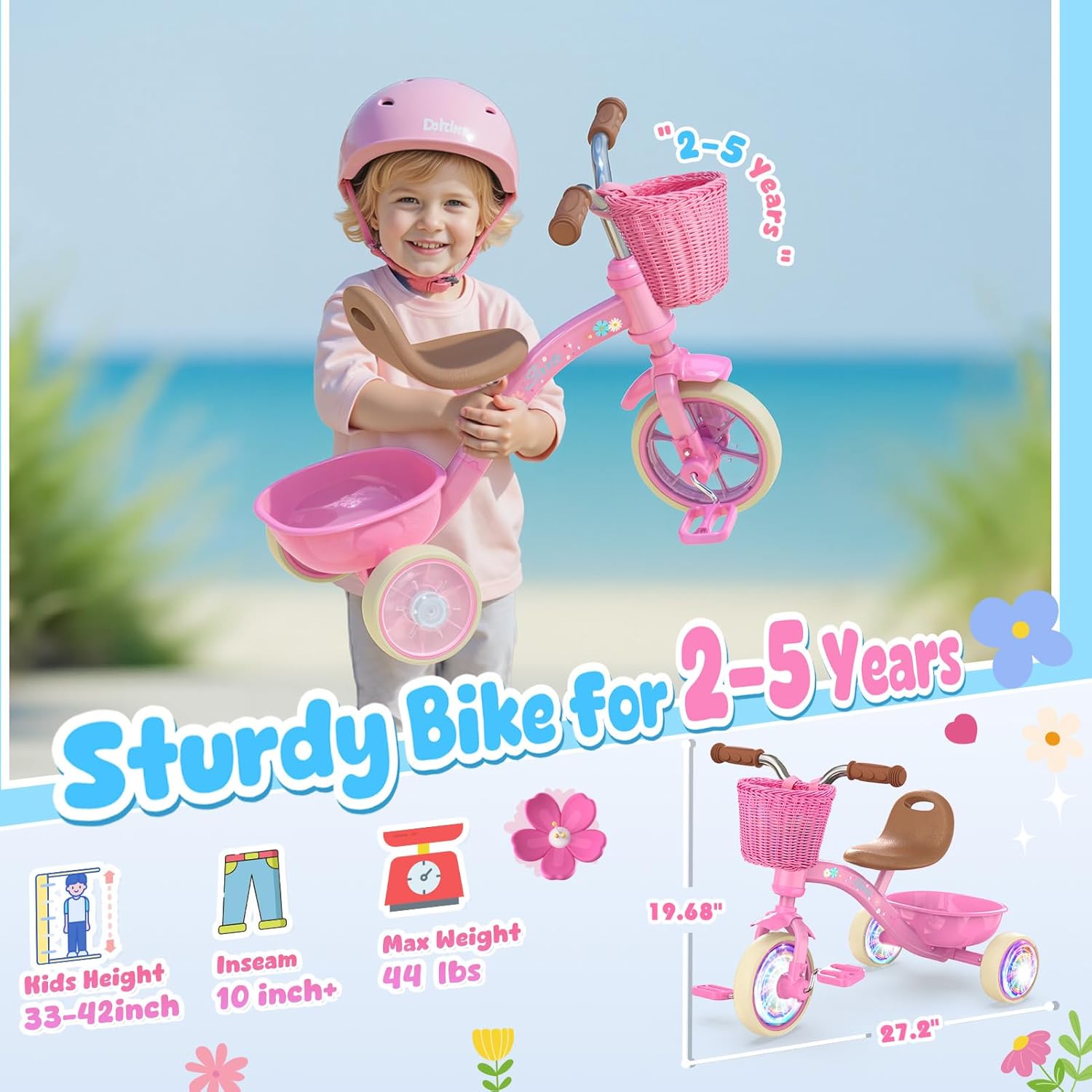 Kkdi Toddler Tricycle for 1-3 3-5 Year Olds, 2 3 4 5 Year Old Girl Birthday Gifts, Pink Toddler Baby Bike, Outdoor Riding Toys for Ages 2-4, 4-Level Adjustable Seat, 3 Color Light Wheels, 2 Baskets