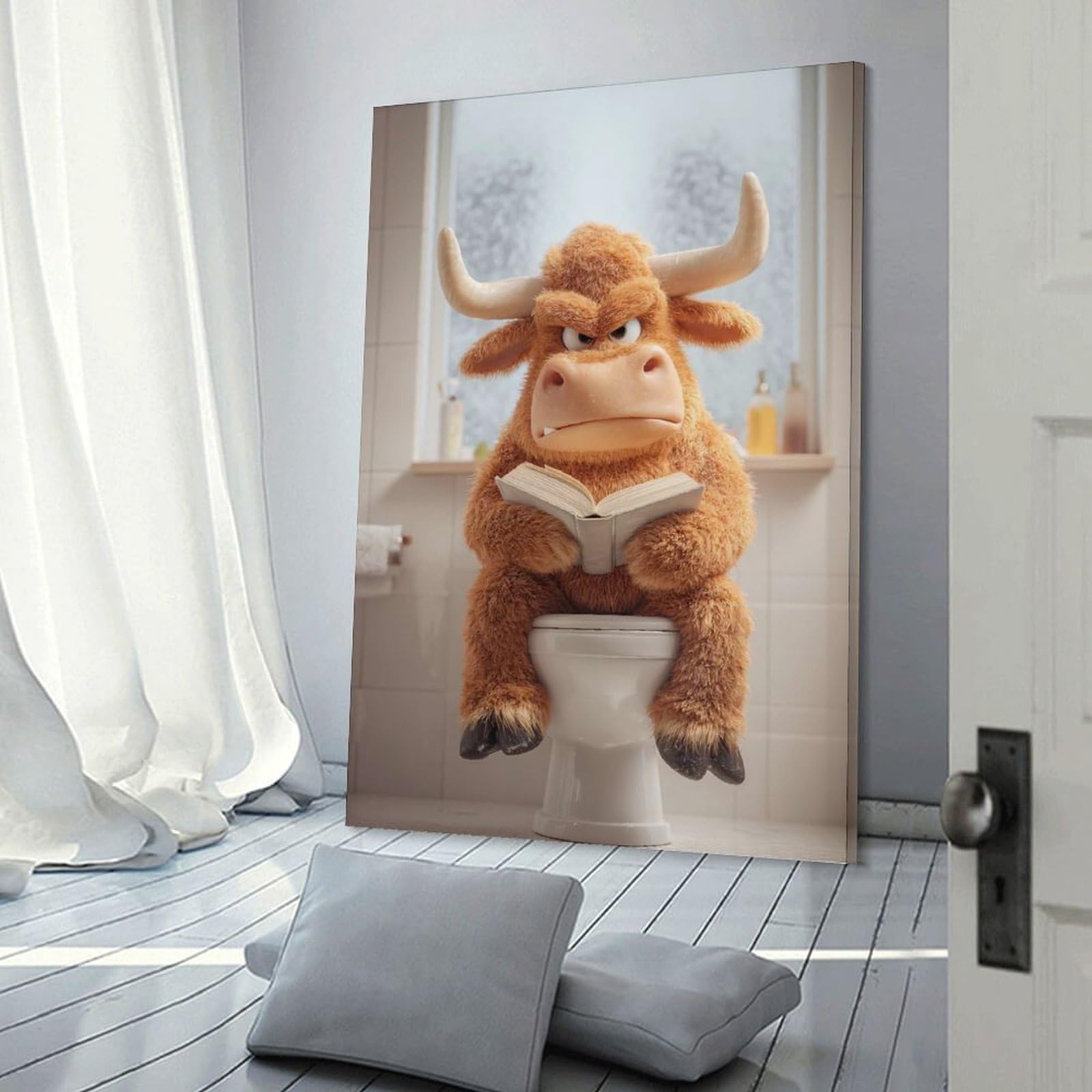 Junmoney Cartoon Bull Reading on Toilet Wall Picture Print 20x30inch(50x75cm), for Lounge Decor, Offices Or Entryway Styling, A Flexible Wall Accent for Shared Spaces