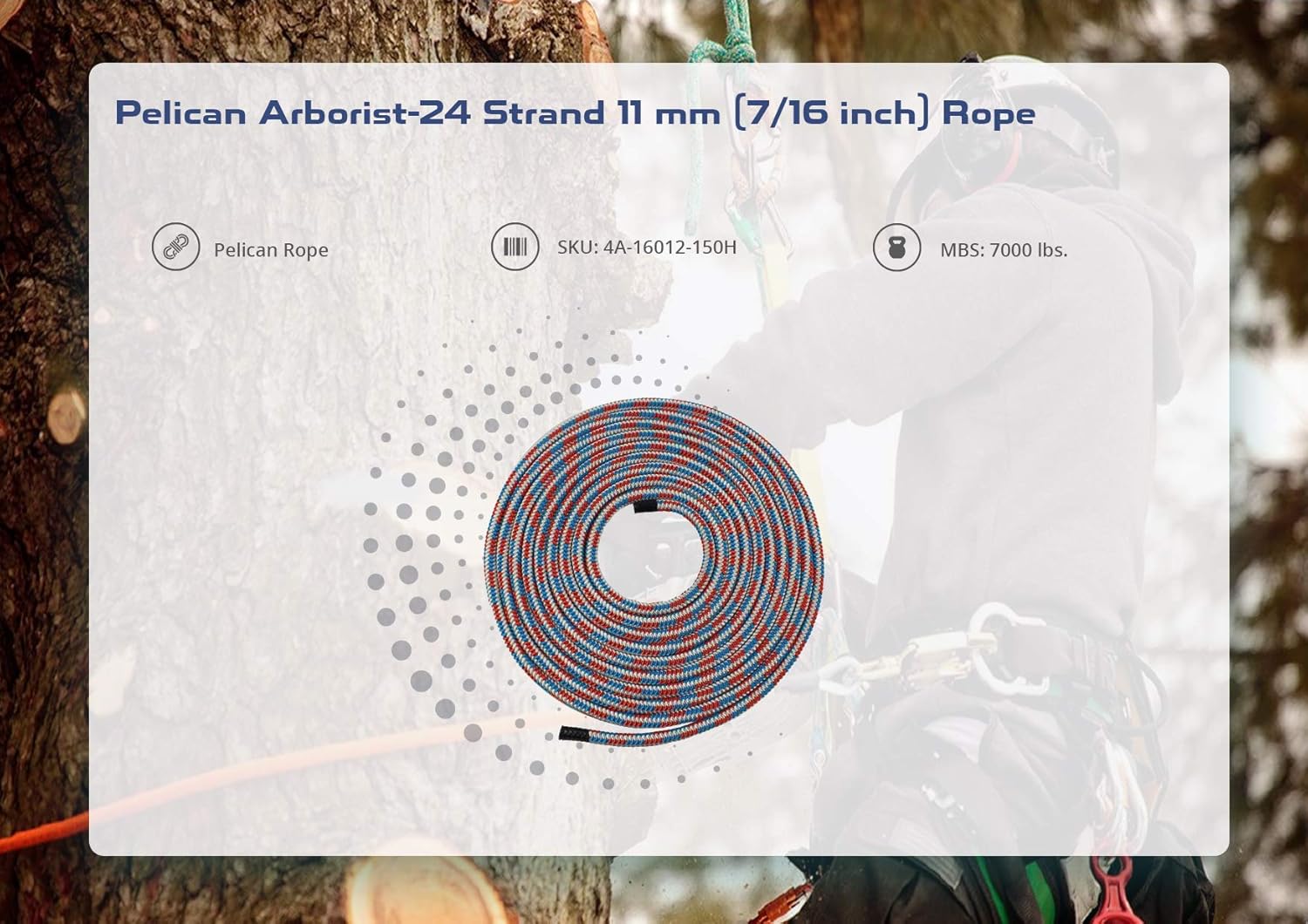 Pelican Arborist-16 Strand 12.7 mm (1/2 inch) Arborist - 7000 lbs Breaking Strength - Static Climbing Rope Used for Arborists - 120 ft - Plain End