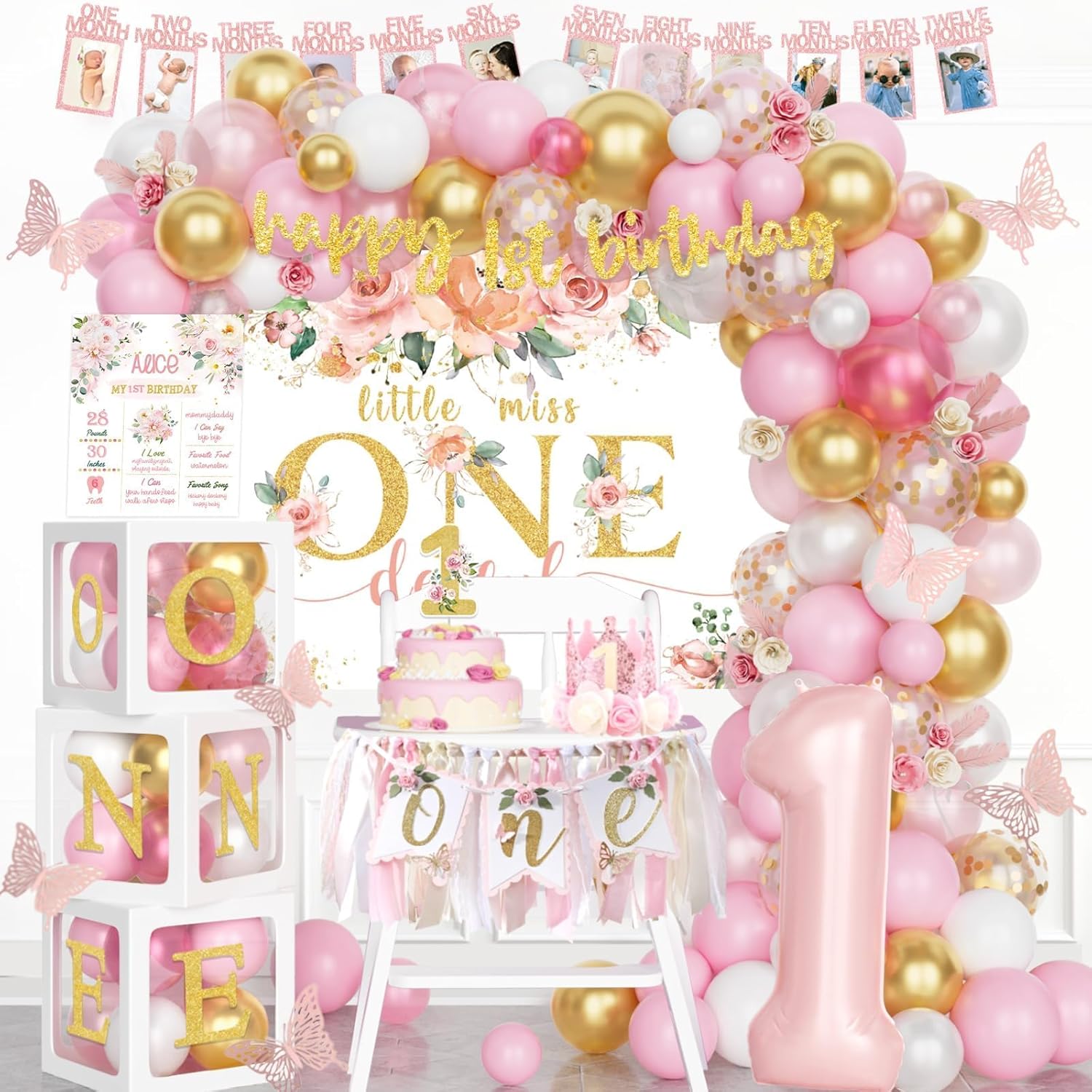 Baby Girl 1st Birthday Decorations, First Birthday Decorations for Girl, Little Miss Onederful Backdrop Balloon Banner Boxes Crown for Pink One Year Old Birthday Party Supplies