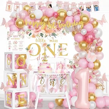 Party Inspo Baby Girl 1st Birthday Decorations, First Birthday Decorations for Girl, Little Miss Onederful Backdrop Balloon Banner Boxes Crown for Pink One Year Old Birthday Party Supplies