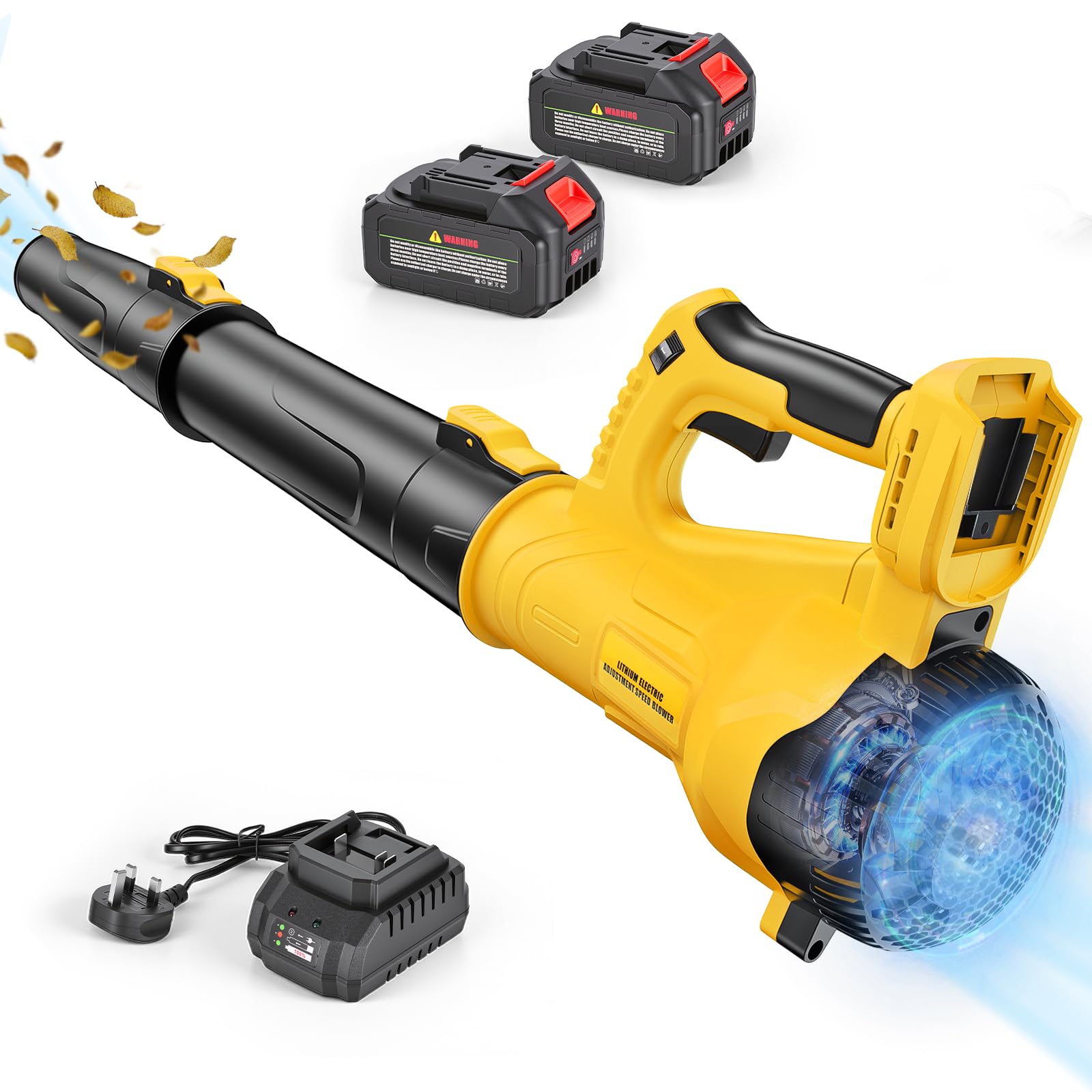 Cordless Leaf Blower 6-Speed, 2×4000mAh Battery Powered Garden Blower, 218CFM 100MPH, Tool-Free Click-Fit Extension Tubes for Short or Long Reach, Ideal for Lawn, Leaves, Snow & Patio Cleaning, Yellow