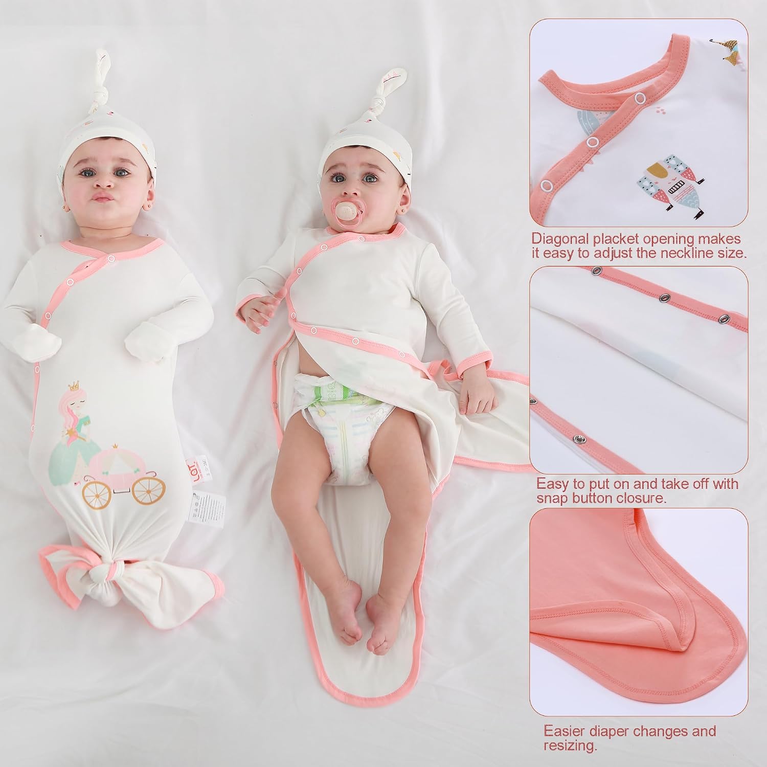 LAT Newborn Knotted Gown for Boy Girls,Baby Tie Gown Nightgown,Baby Sleeper with Matching Hat Set 3 Pack,Sleepwear Romper Sleeping Bags Outfits Home(Princess Castle+Pink,3-6months)