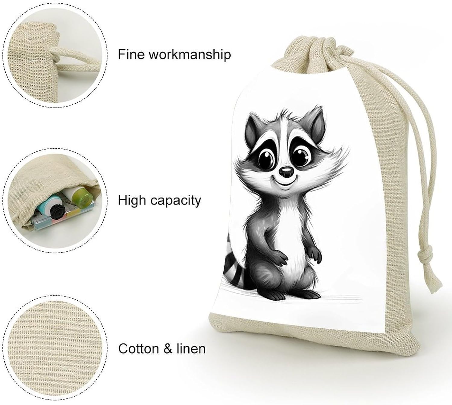 FekiLoot Raccoon Painting Cotton Linen Drawstring Bags Pack of 8 image 3