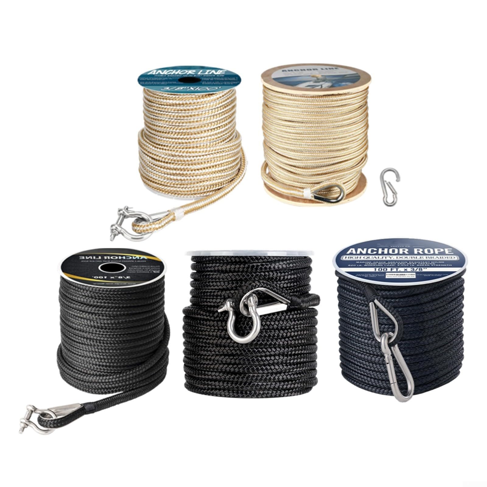Entgoinggo Nylon para línea de anclaje trenzada, con dedal de acero inoxidable 316, para amarre y atraque en entornos marinos de agua salada (100 pies negro + arco)