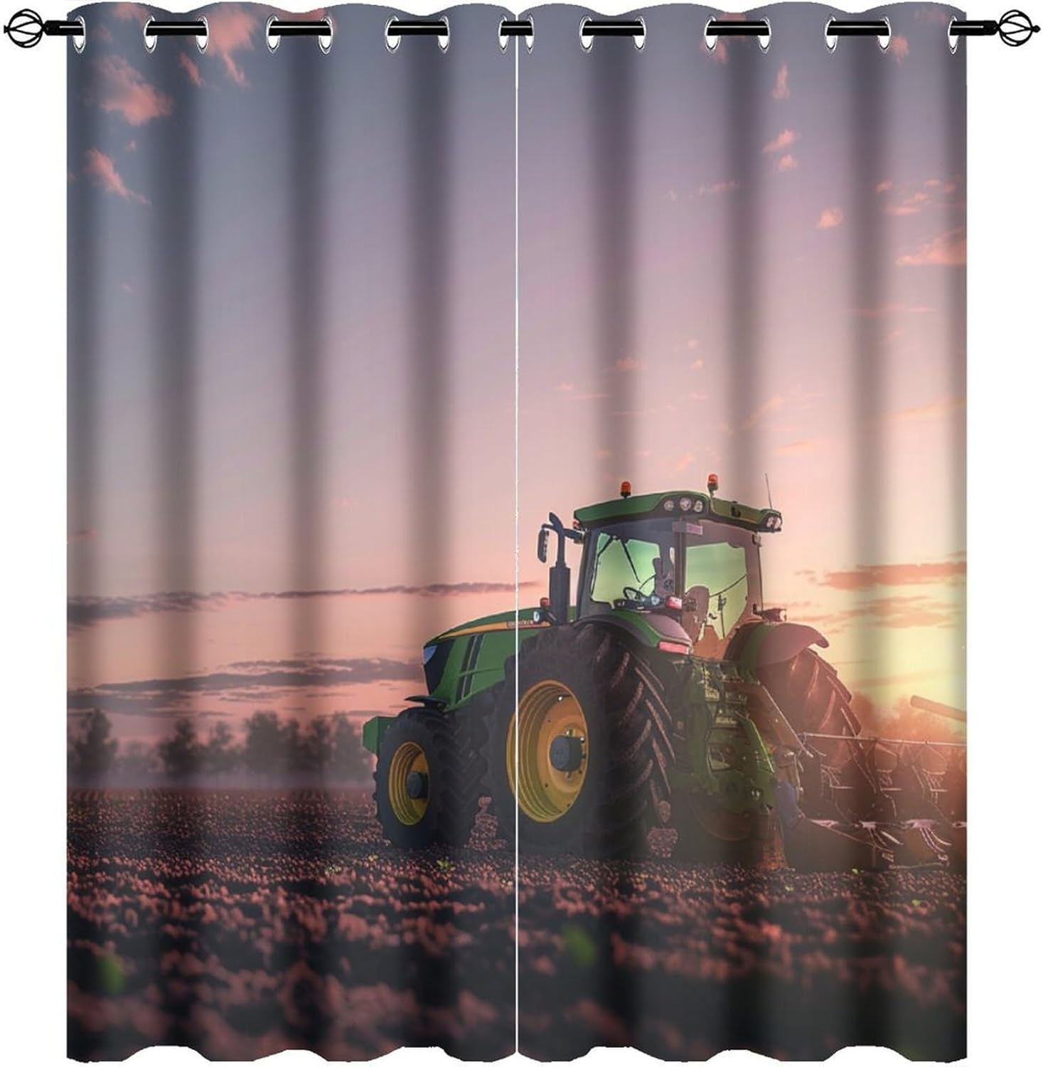 Green Tractor Farm Blackout Curtains for Bedroom, Modern Rustic Field Grommet Curtains Thermal Insulated Window Drapes for Living Room, 21W x 45L, 2 Panels