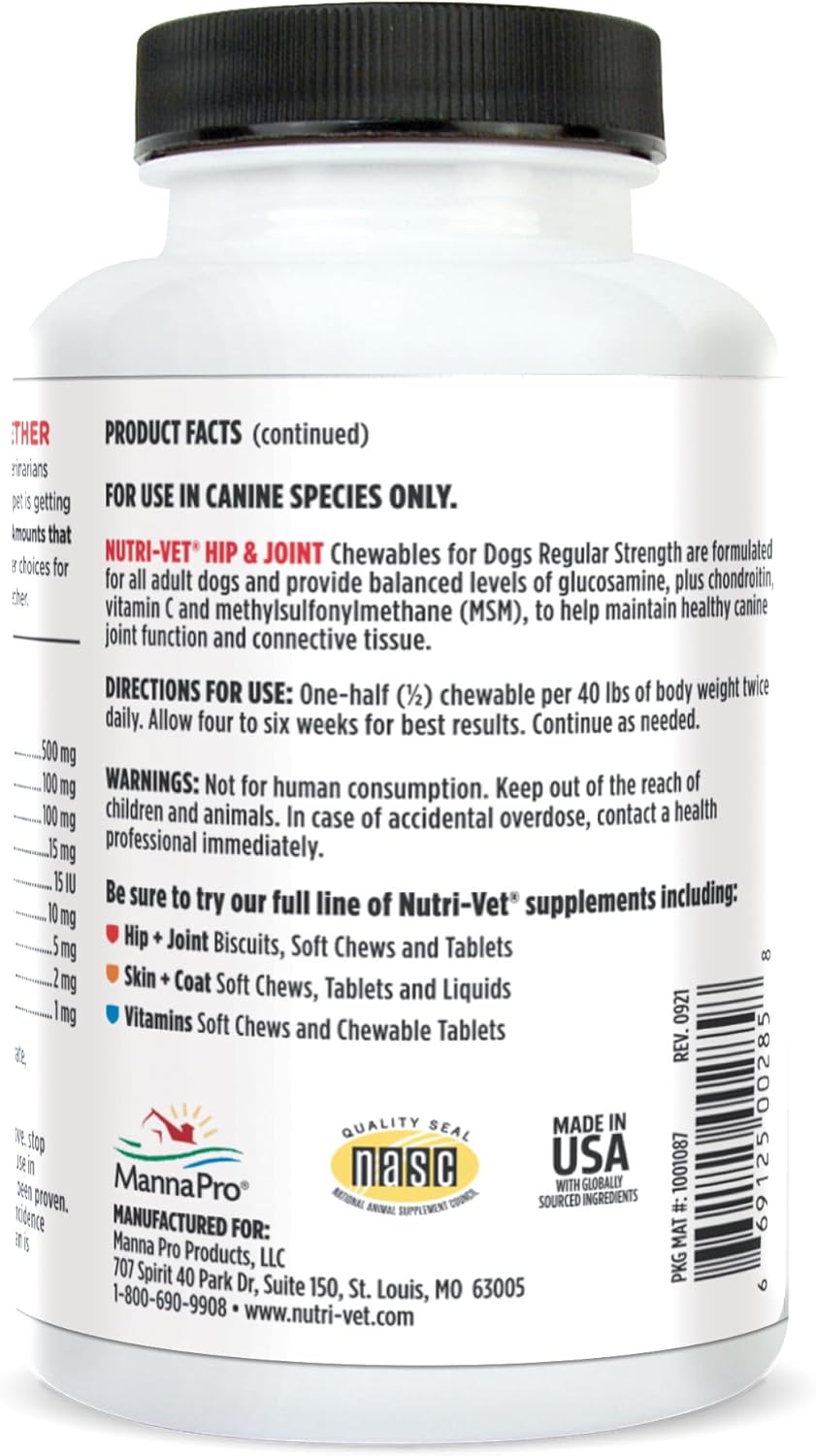 Nutri-Vet Hip & Joint Regular Strength Chewable Dog Supplements, Formulated with Glucosamine Chondroitin, Pet Supplies, Joint Supplement for Dogs, Pet Care, Puppy Essentials, 120 Count