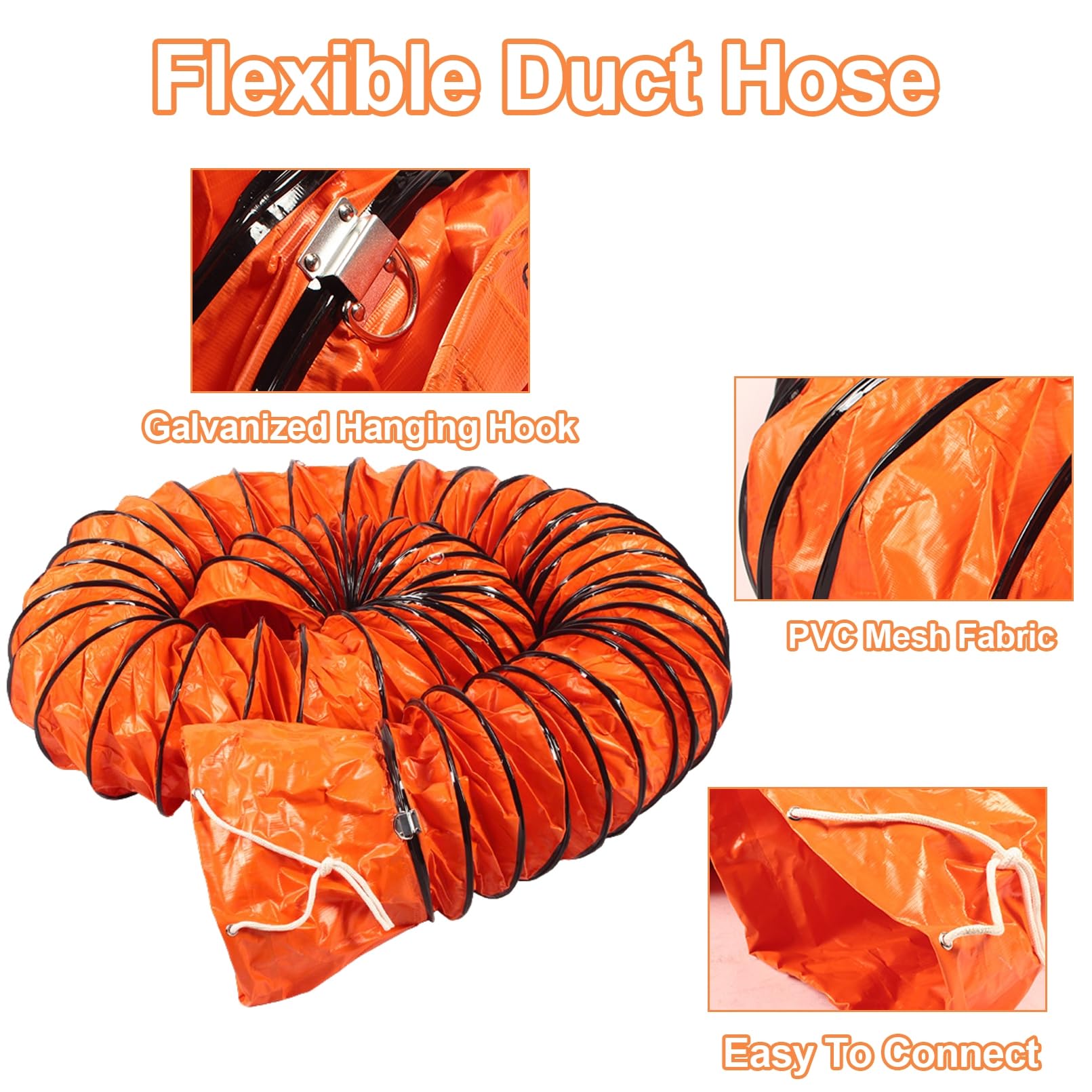 Manguera Flexible de PVC para Ventiladores, sopladores, Sistemas HVAC, ignífuga, con Cuerda Ajustable y Anilla en D, fácil de almacenar.,3m/9.8ft,Dia 20cm(7 7/8")
