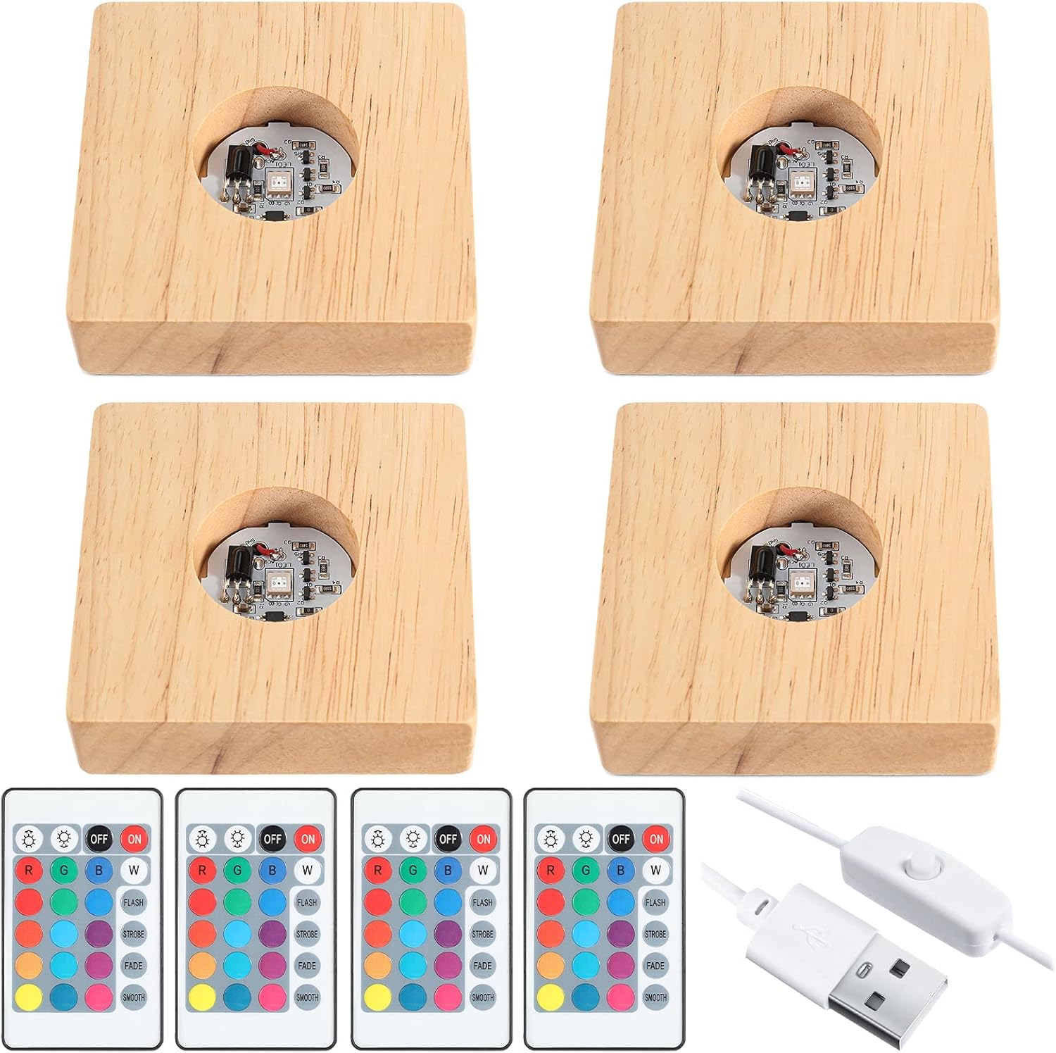 Riakrum Square Wooden Led Display Base Wood Lighted Display Lamp Base Stand with Remote Control for Home 3D Laser Art Crystal Glass Resin (4 Pieces)