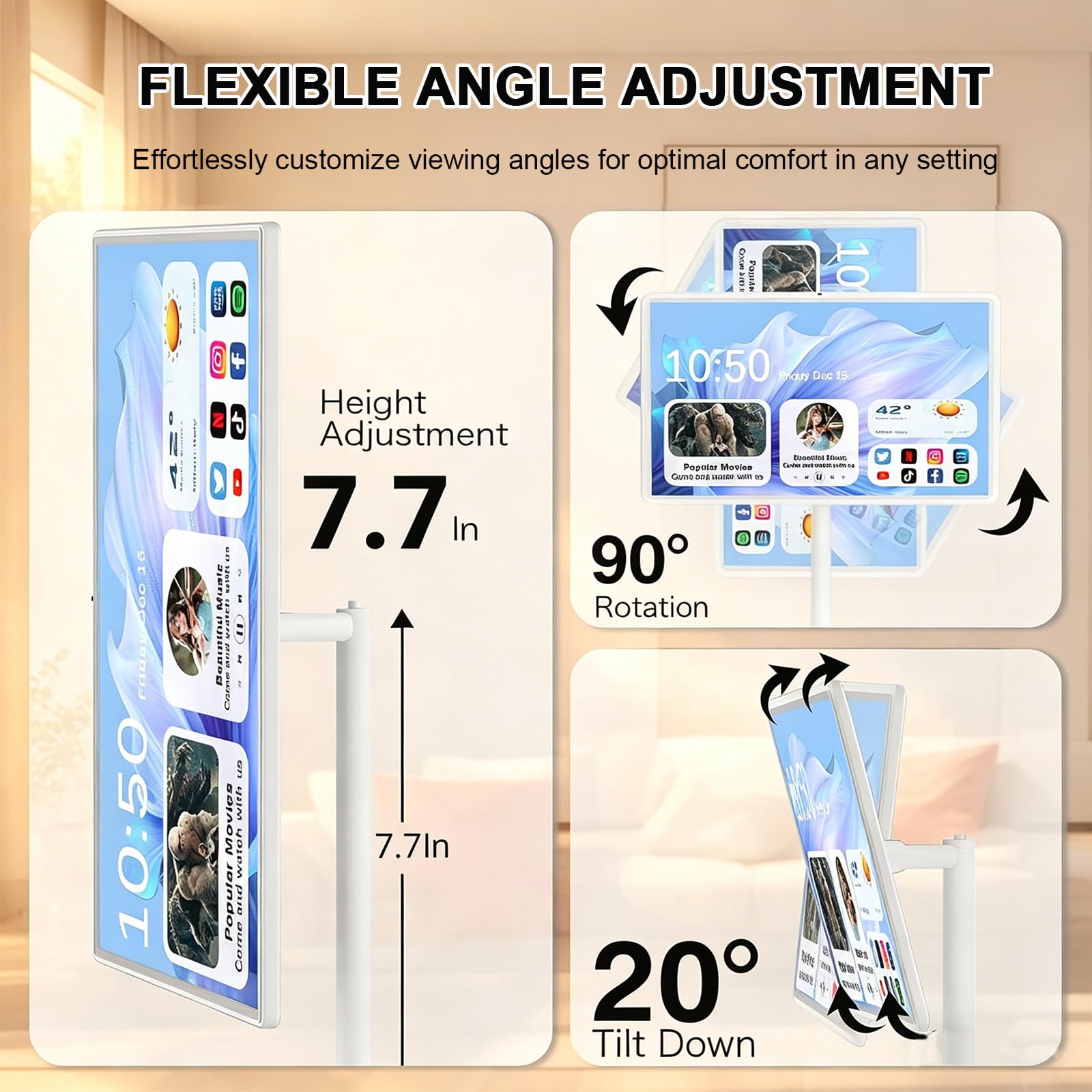 Téléviseur Intelligent Portable 21.5"/24"/27"/32", Support TV Mobile, Moniteur Tactile sur Pied, Moniteur Tactile 1080p sur roulettes, Rotation Complète 21.5in-8+128GB(1080P)