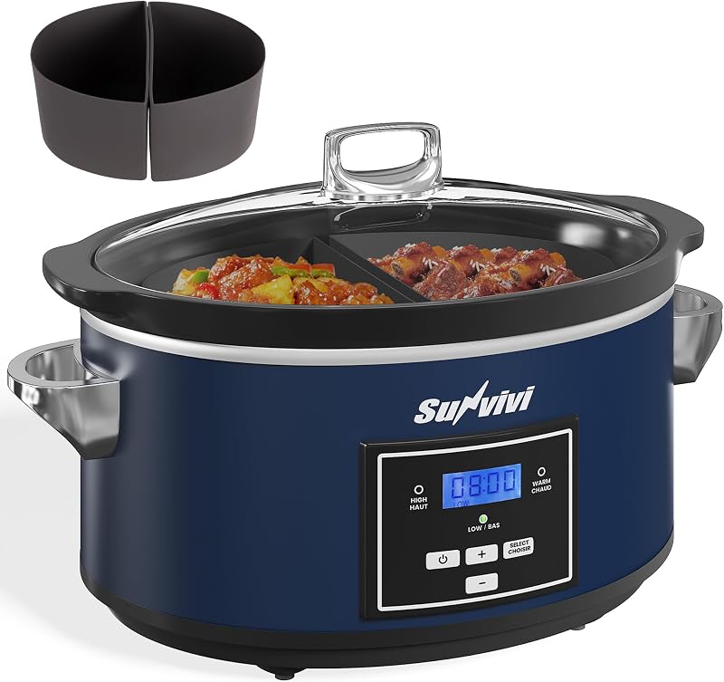 Programmable Slow Cooker, Multi-Cooker with 2 in 1 Silicone Slow Cooker Liners, 6 QT Food Warmer with Digital Timer, 3 Adjustable Temp & Dishwasher Safe Parts, Stainless Steel, Blue