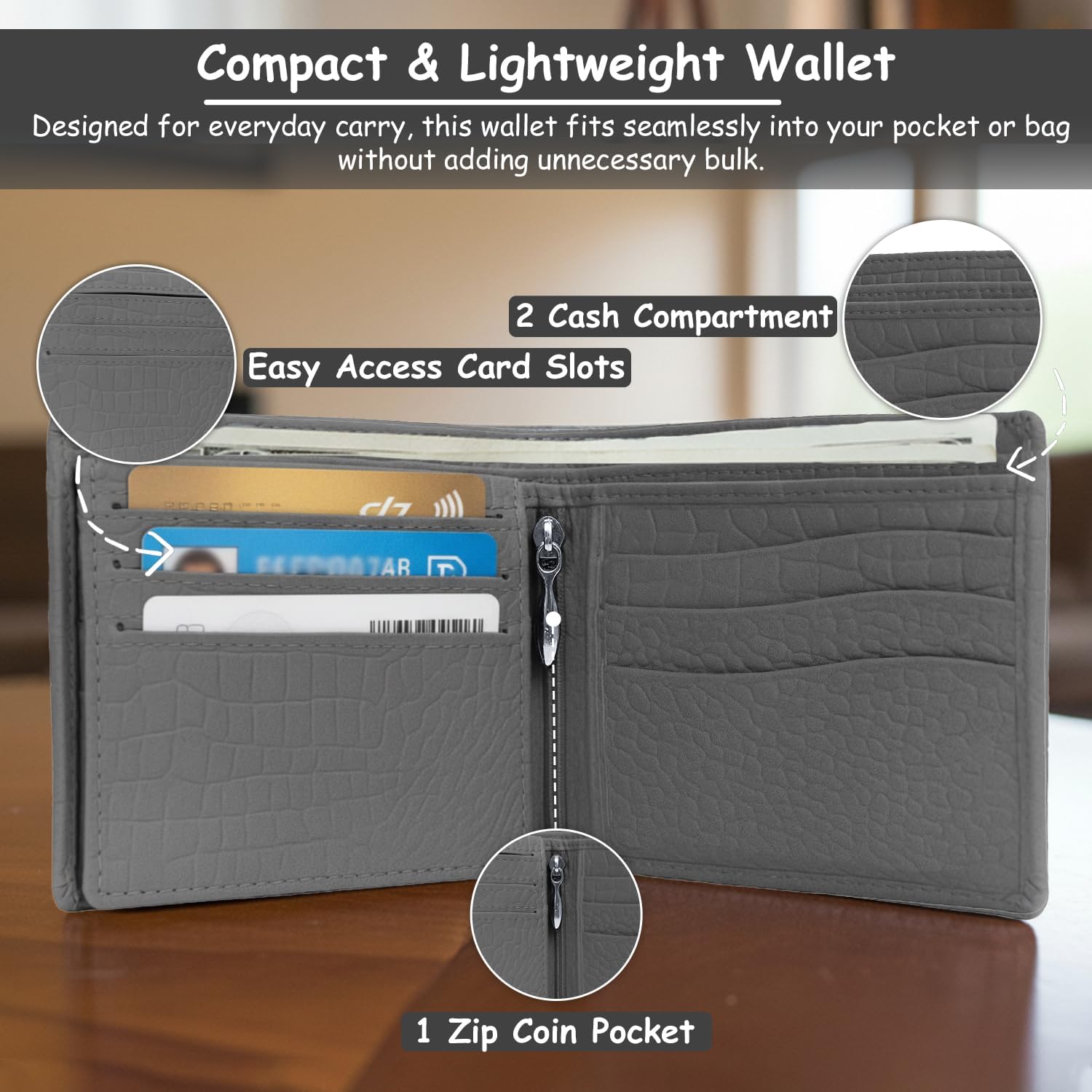 Men’s Leather Wallet RFID Blocking Bifold Wallet for Men, Classic Minimalist Design, Genuine Leather with 9 Card Slots, 1 ID Window, 2 Hidden Pockets, Zip Coin Pocket and 2 Cash Compartments, Grey - Image 3