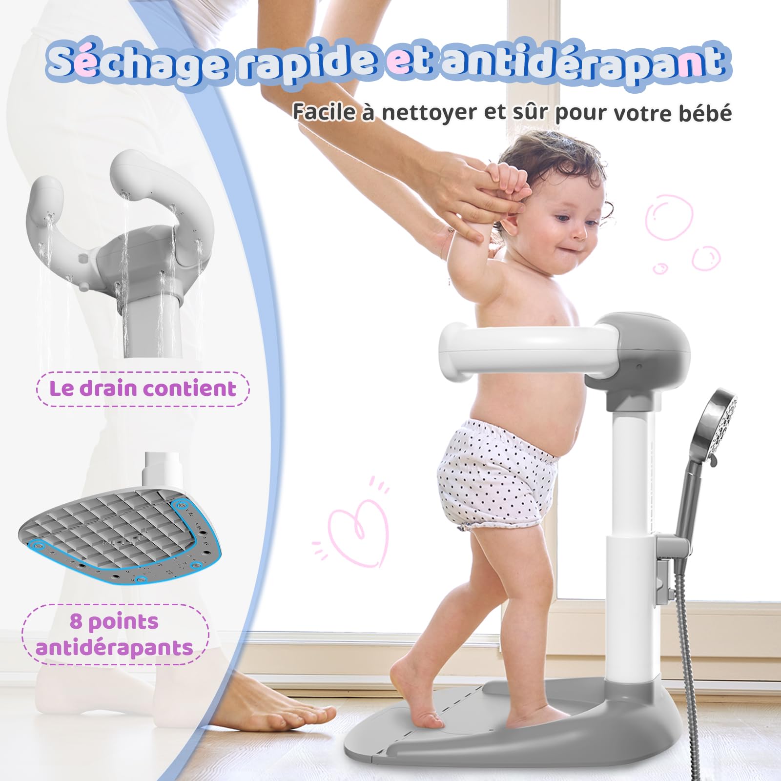 COOSEYA® Baignoire bébé avec support de douche | Support anti-pincement, tour de douche réglable pour aider bébé à se tenir debout, idéal comme douche bebe debout et cadeau prénatal