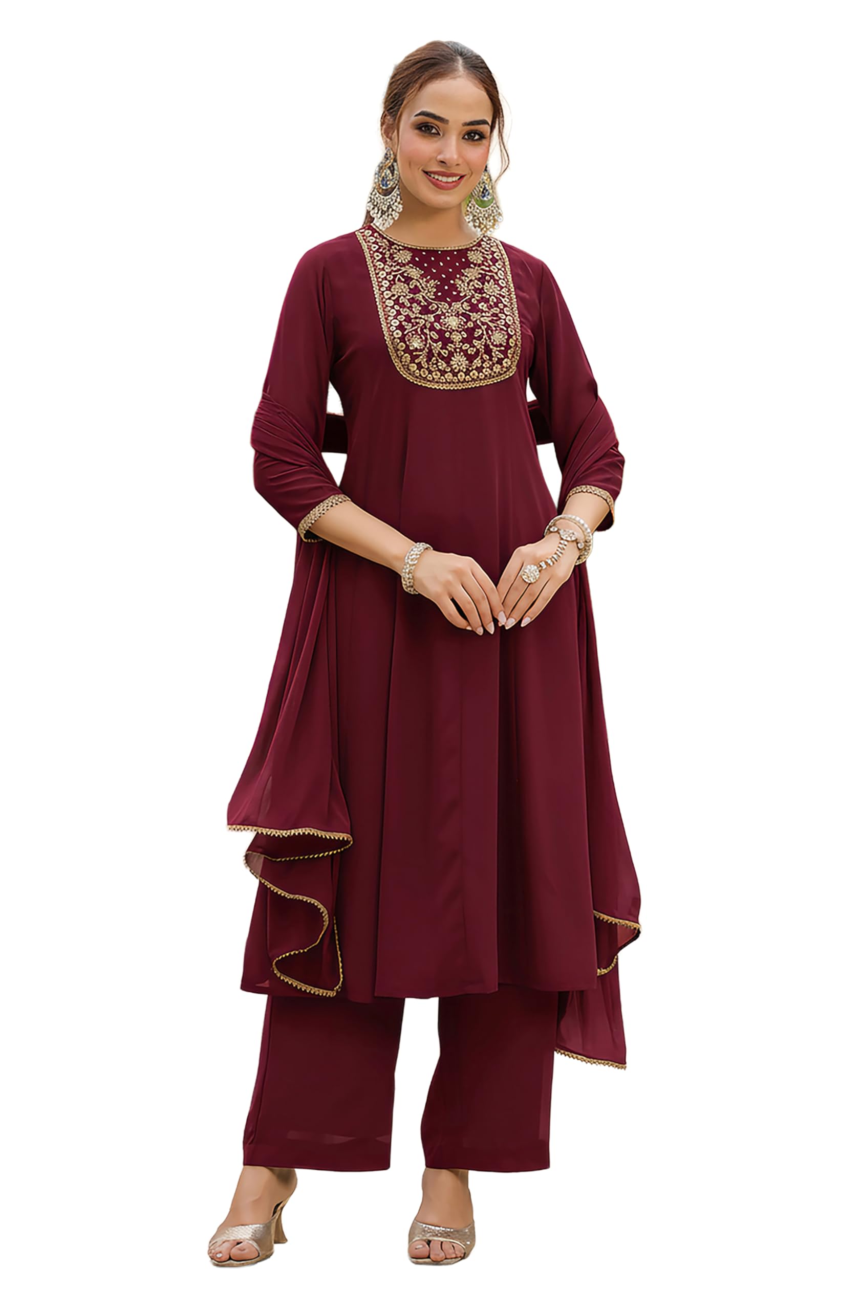 Janasya Women's Maroon Georgette Zari Yoke Embroidered Anarkali Kurta With Palazzo & Dupatta Set in maroon