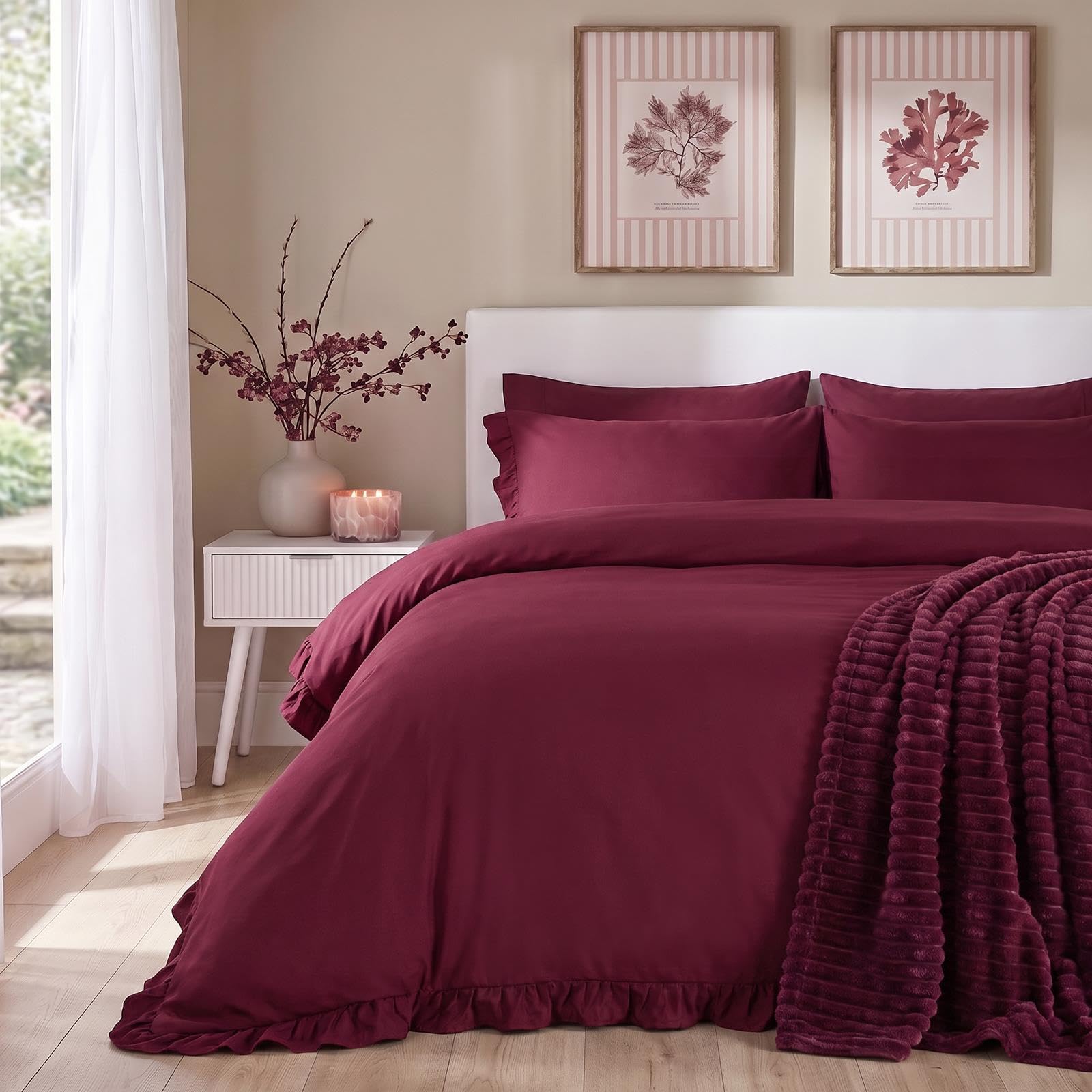 OHS Frill Duvet Set Double Duvet Covers Bedding Comfy Easy Care, Burgundy