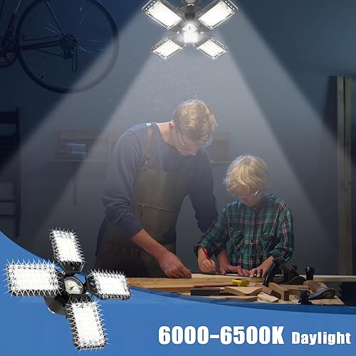 Vista 49 de Paquete de 4 luces LED para garaje, 180W, 18000LM 6500K, luz LED para tienda con 6+1 paneles deformables, luz de granero de sótano, luces de techo