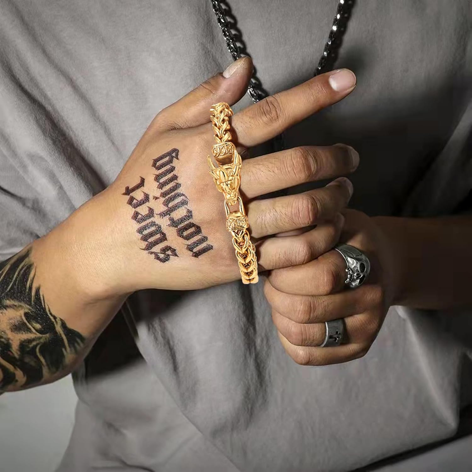 Viking Dragon Bracelet for Men, 316L Stainless Steel Cuban Link Chain 10mm Width, 8 Inch Length, Vintage Silver/Black/Steel/Gold, Punk Norse Jewelry Gifts for Him Husband