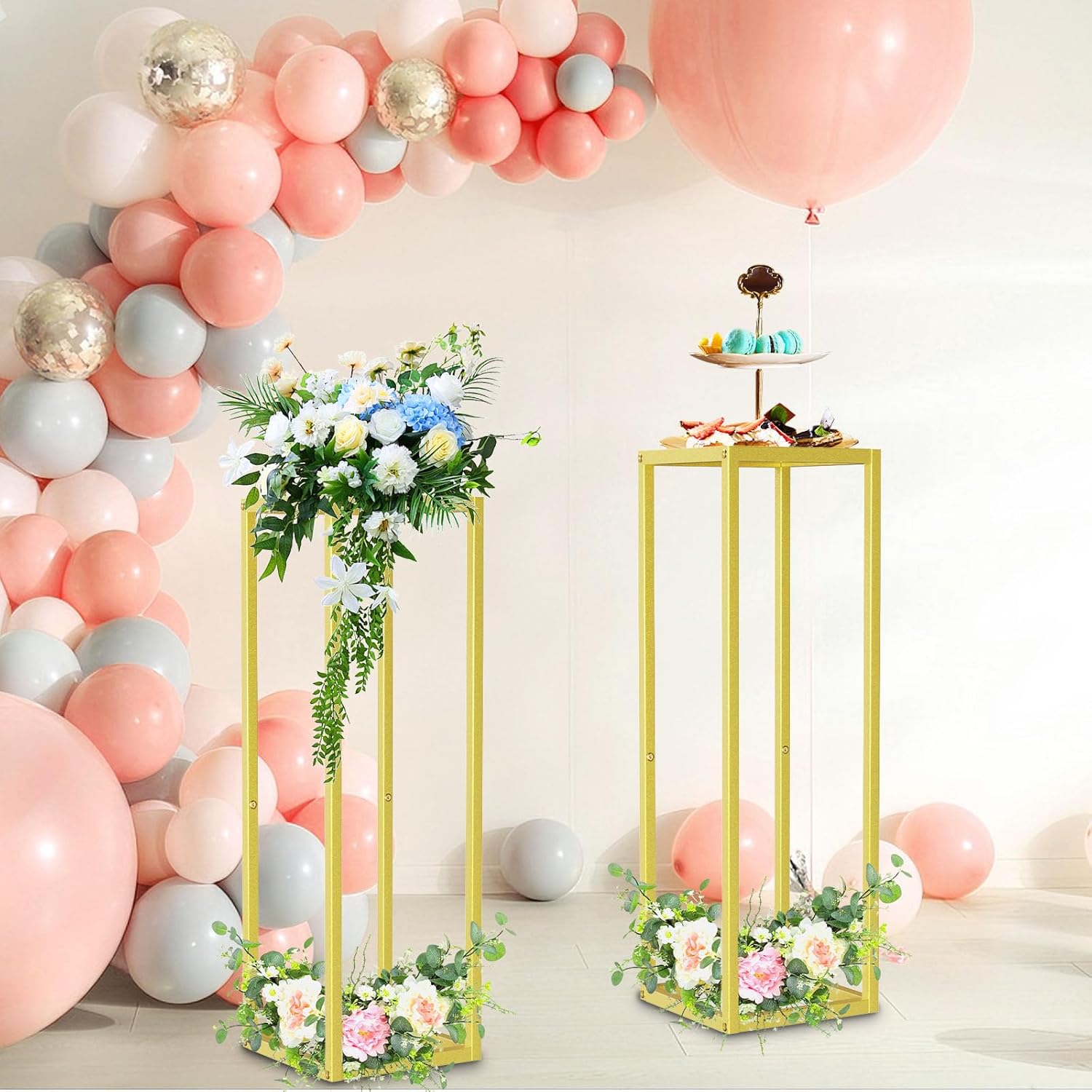 Gold Cylinder Stands for Party,2pcs Wedding flower stand,Metal Square Pedestal Stand for Display plant Parties Birthday Decor,31.5 Inch