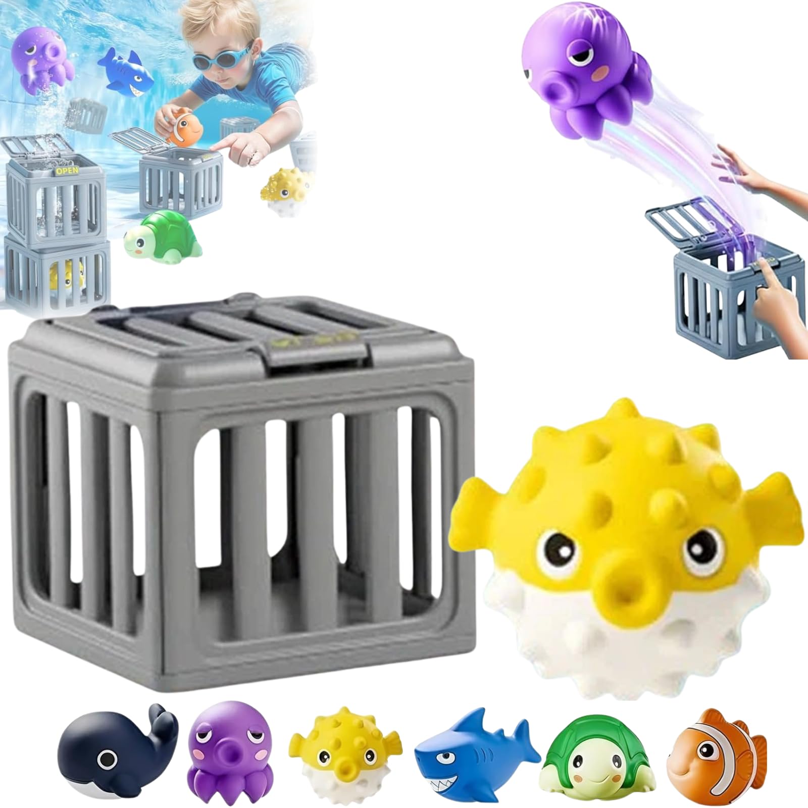 Underwater Dive Toys, Funscape Kids Pool Diving Toys, Pool Diving Treasure Hunt Game, Sinking Pool Swim Toy for Kids, Water Dive Set with Fish Boxs Floating Animals for Boys Girls (Yellow)