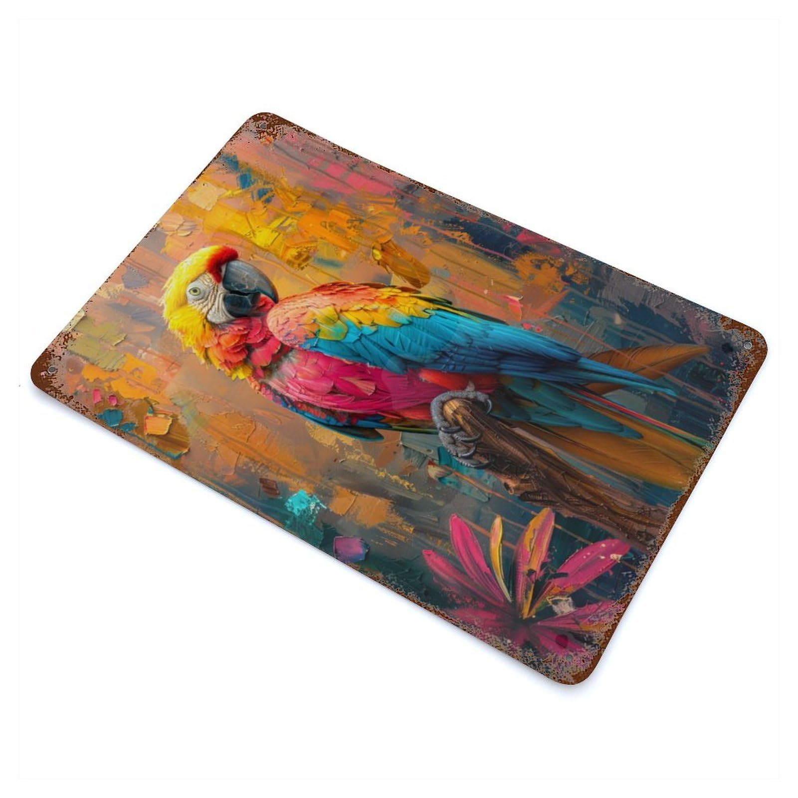 Parrot Oil Painting Rustic Tin Plaque 11.8"x7.9", for Shed, Workshop And Garage Wall Decor, Shabby Chic Decor