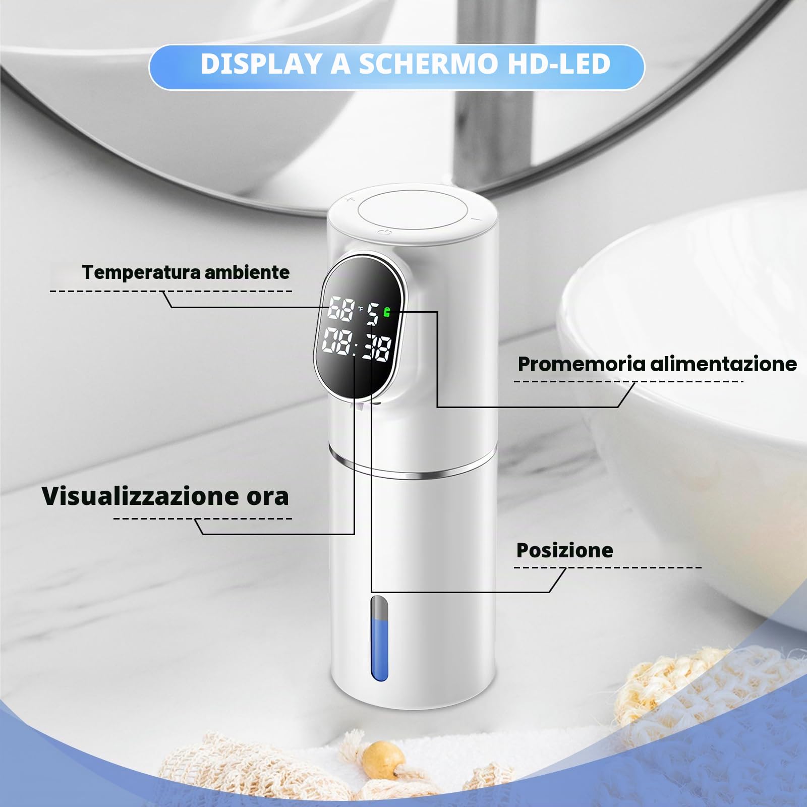 BigKing Dispenser di sapone automatico bianco elettrico senza contatto sensore a infrarossi 5 livelli di schiuma USB Type-C 3000mAh batteria IPX6 impermeabile design moderno cucina bagno idea regalo