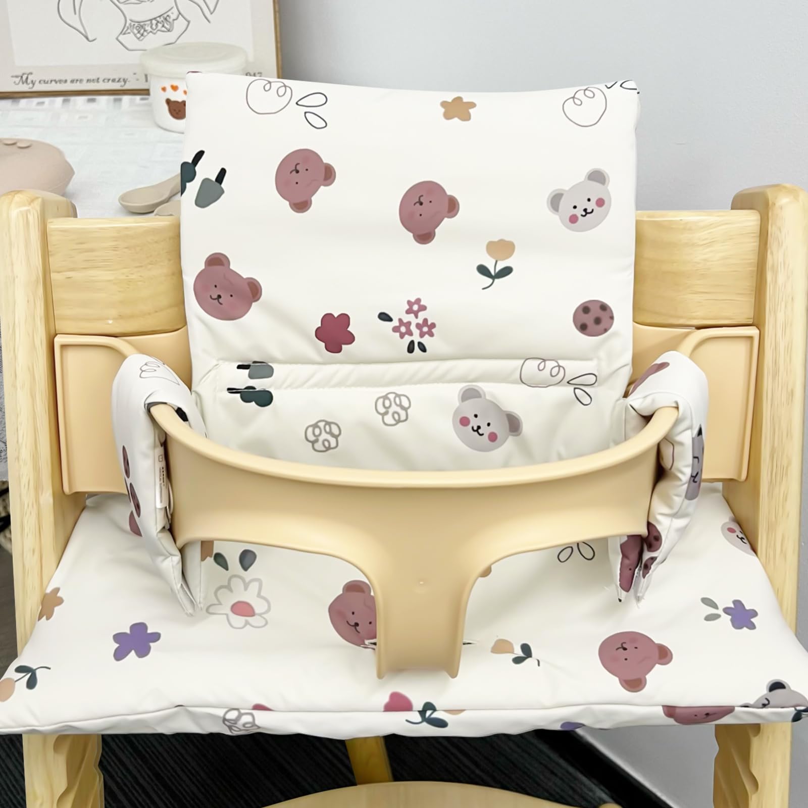 Sitzkissen für Stokke Tripp Trapp Hochstuhl: Rutschfest Hochstuhl Sitzkissen Set, Laminierte Beschichtung, Bio-Baumwolle Baby Sitzkissen, Maschinenwaschbar, Einfach Befestigung, Blumen, Bären