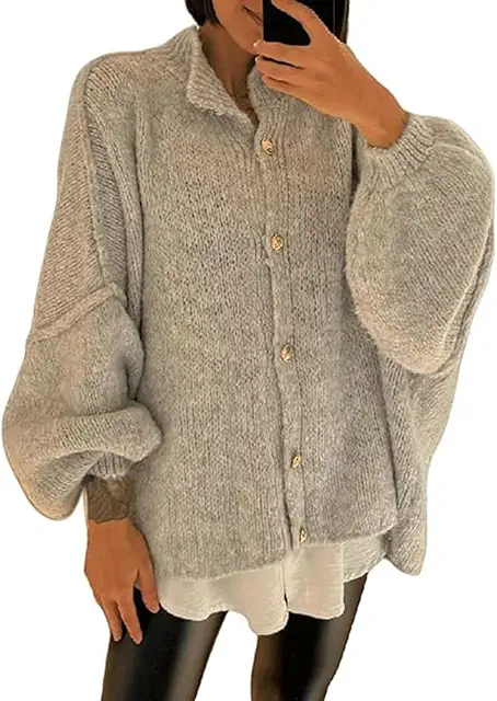 Women's Chunky Knit Cardigan with Mock Neck - Loose Winter Sweater Coat
