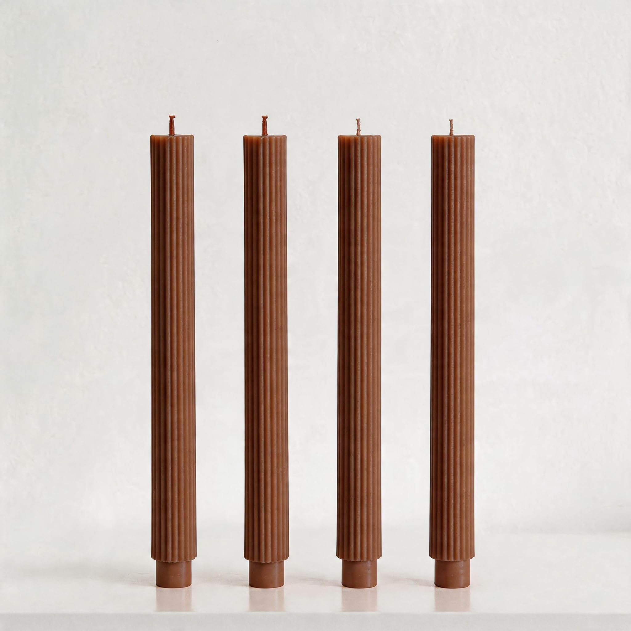 Photo 1 of PAMELIFE 4 Pack | 10" Premium Unscented Ribbed Wick Taper Candles, Tall Ribbon Wax Dinner Unscented Modern Home Décor Soy Wax Handmade 12 Hours candlesticks (Brown)