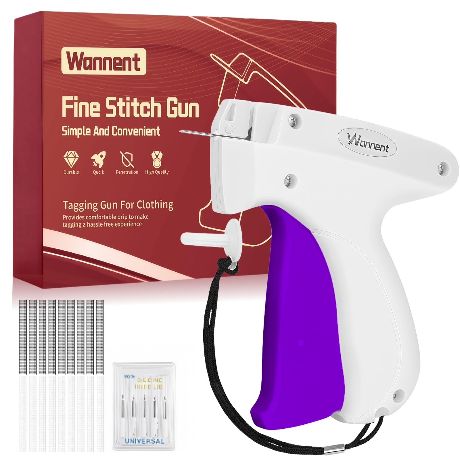 Stichpistole für Kleidung, Nähpistole für Kleidung, Nähte, schnelle Kleidungsfixierung, inklusive 1.000 schwarze Verschlüsse, 1.000 weiße Verschlüsse und 6 Nadeln (GhostWhite + Purple4)