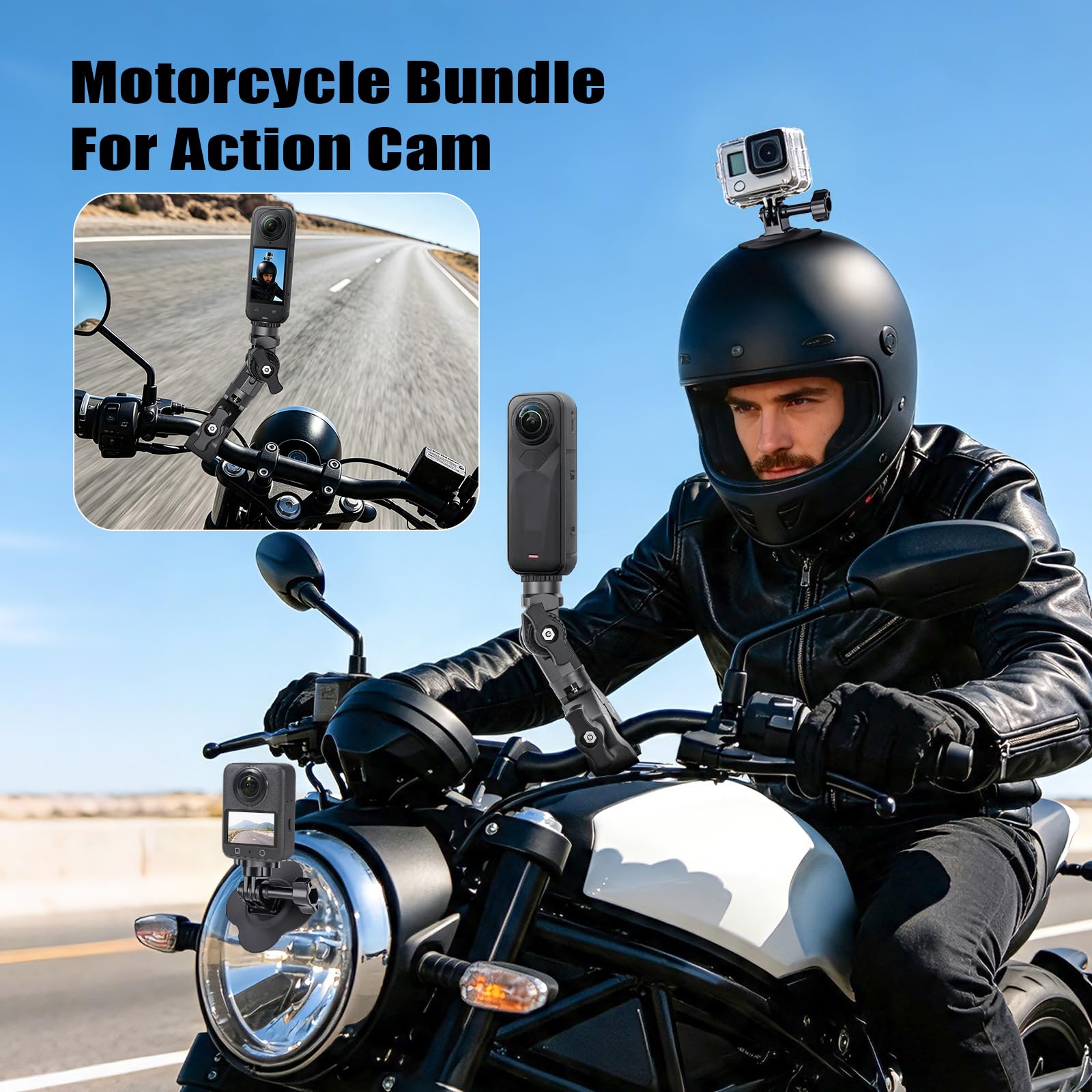 Supporto da moto per Insta 360 X5 X4 X6 GoPro Hero 13 DJI Pocket | Supporto a morsetto per manubrio di moto e 2 supporti adesivi flessibili per casco Insta360 X3 One X2 DJI Osmo Pocket 4/3