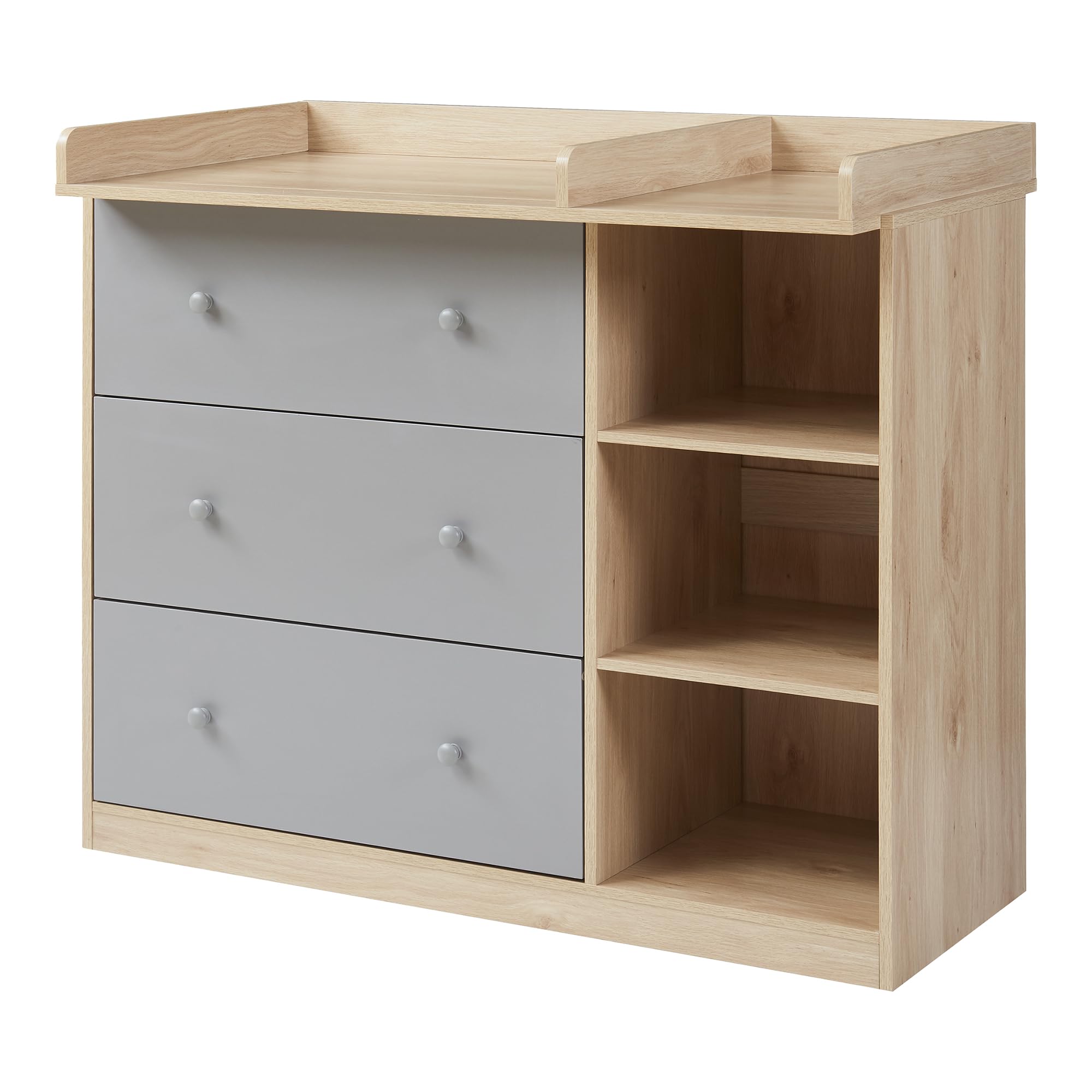 [en.casa] Mueble Cambiador Bebé Beldinupp 2 en 1 Cómoda con Cambiador Bebé con 3 Cajones y 3 Compartimentos Abiertos Moderno 93 x 110 x 55 cm - Efecto roble/Gris