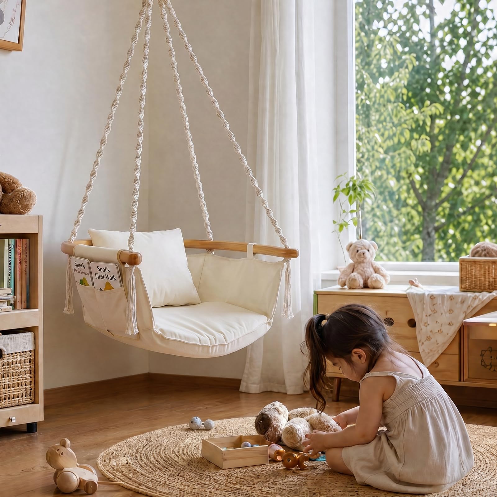 Sekey Hängesessel mit Flexibler Seitentasche & Kissen - Boho Hängestuhl bis 120 kg - Gebogener Bambusstab & Spiralseile - Hängeschaukel für Balkon, Garten & Indoor, Beige