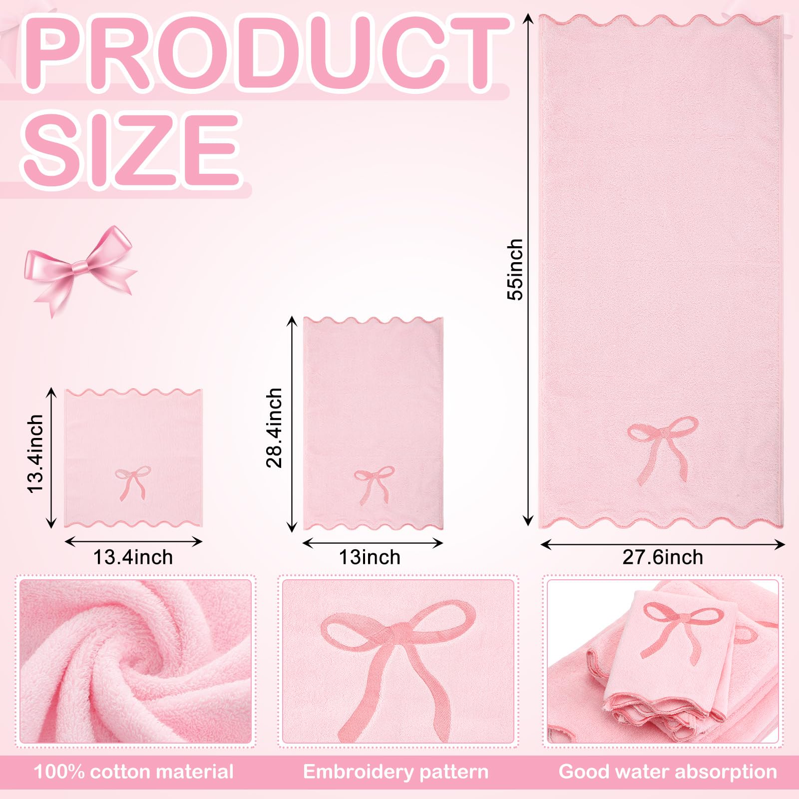 Fanfanwin 3 Pcs Pink Bow Bathroom Towel Set Scalloped Fingertip Towels Decorative Coquette Towel Set Embroidery 100% Cotton Bath Hand Towels Absorbent Soft Preppy Bath Decor for Kitchen Bathroom