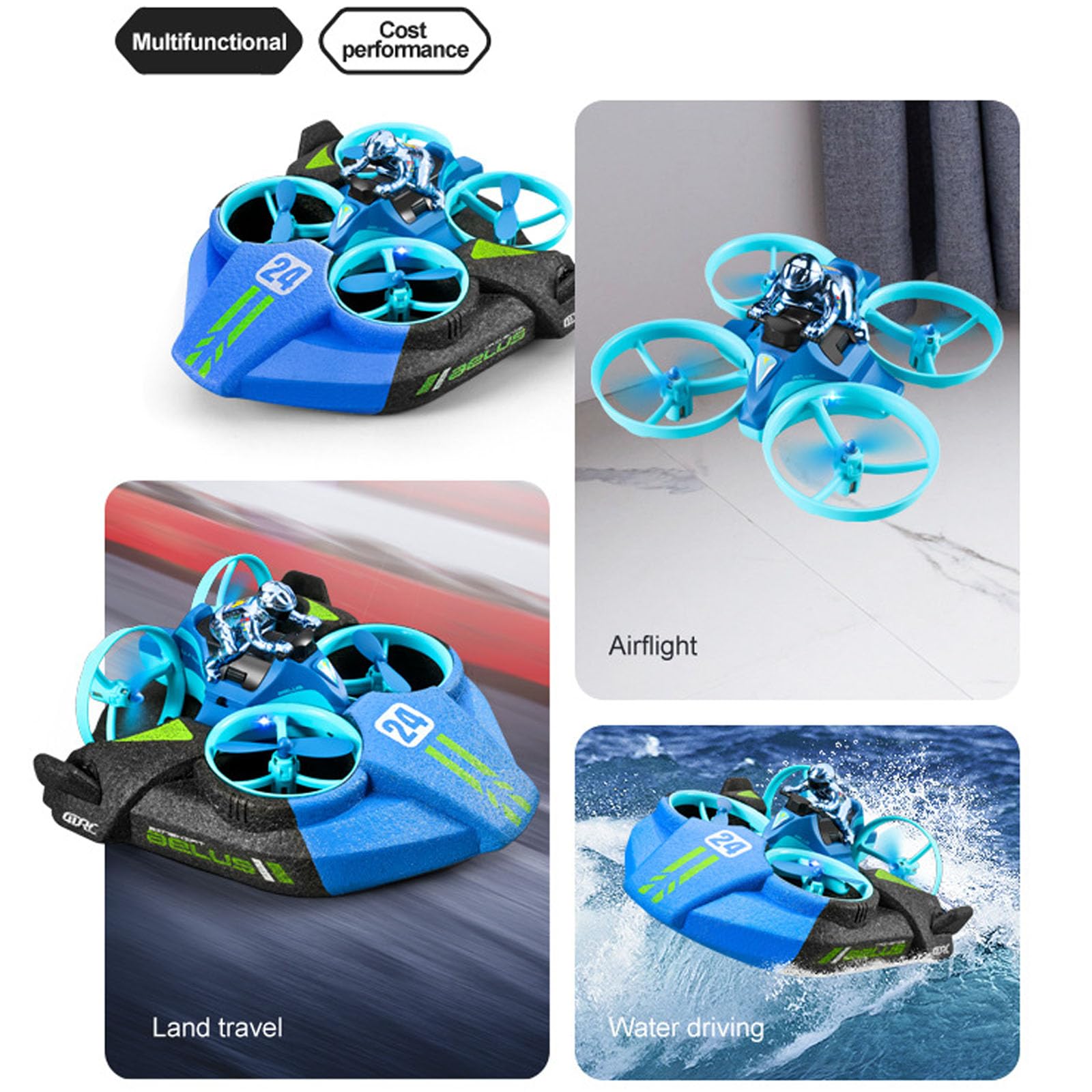 Aereo Telecomandato V24, Elicottero Senza Pilota Da 2,4 Ghz, Auto Volante Da Mare, Terrestre E Aerea, Flip A 360 °, Quadrirotore Da Decollo/atterraggio A Una Chiave-Green||3 Pcs Batteries