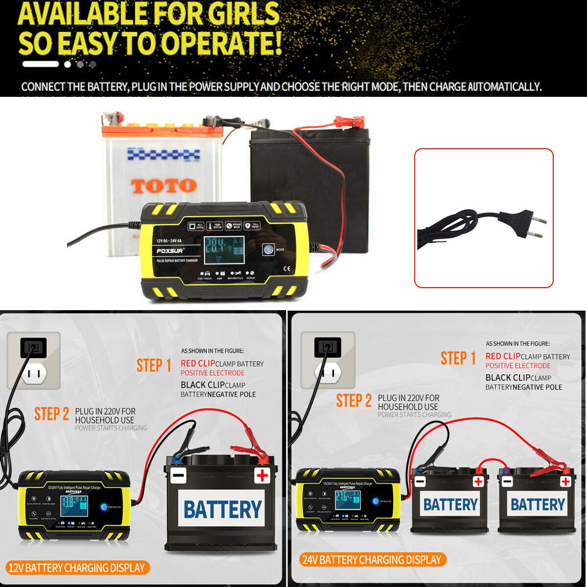 MASO 8 A inteligentna ładowarka do akumulatora samochodowego, 12 V, 24 V, do samochodów osobowych, ATV, łodzi, motocykli, wtyczka UE