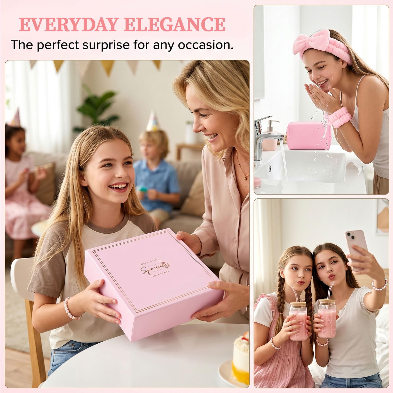 rosa Geschenkbox Regalo per Ragazze Teenager 9-16 Anni, Set Regalo di Compleanno con Bicchiere di Vetro, Cannuccia, Coperchio, Pennelli Trucco, Borsetta Cosmetica, Fermaglio per Capelli,