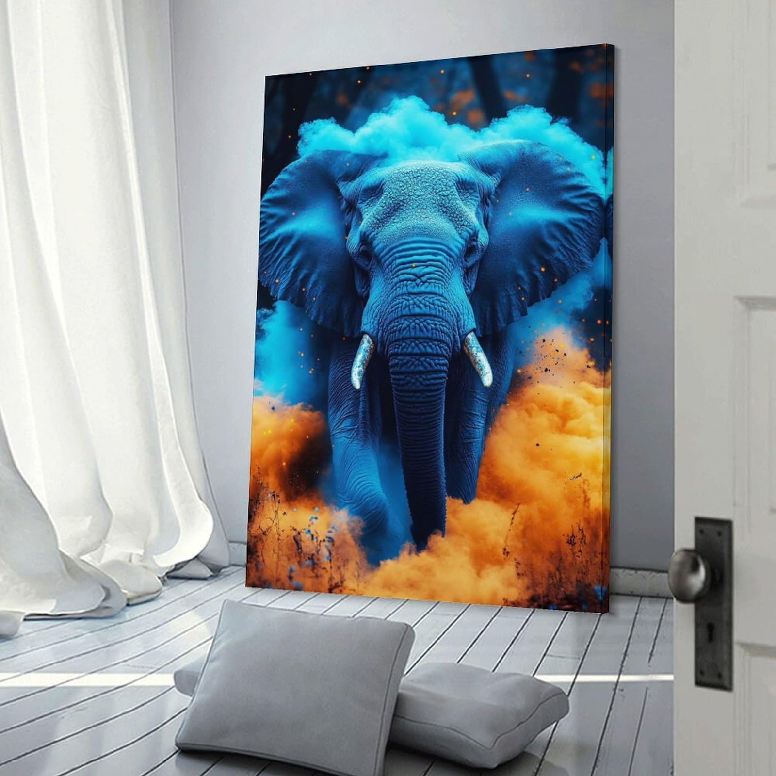 Junmoney Frame-Style-9 Blue Elephant In Colorful Smoke Wall Art Print, 20X30inch(50X75cm), For Living Room, Bedroom, Office Or Hallway, A Flexible Wall Accent For Shared Spaces