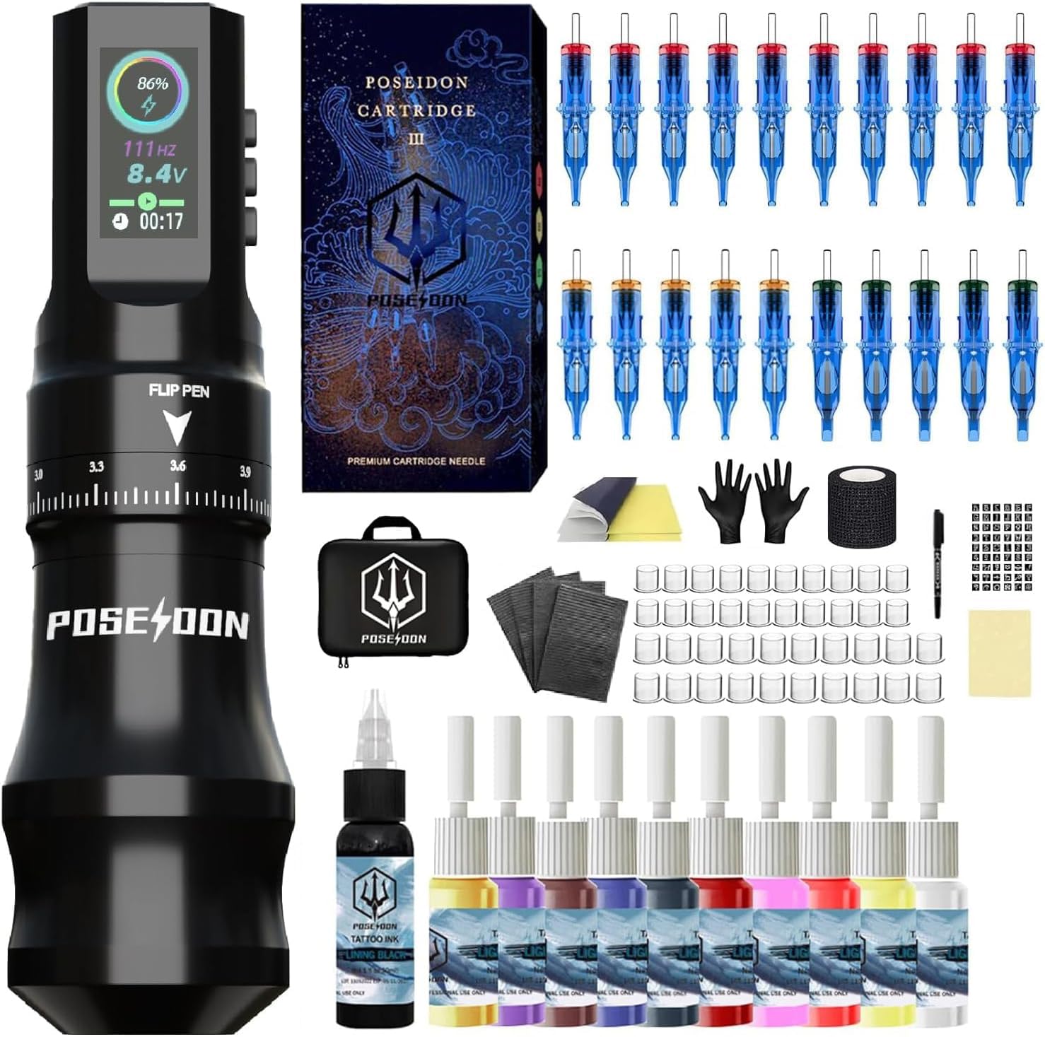 Tattoo Pen Kit-POSEIDON, Wireless Rotary Tattoo Gun Kit, LED Color Screen Tattoo Machine Kit with 20 Pcs Tattoo Cartridge Needles, 11 Tattoo Inks for Tattoo Equipment