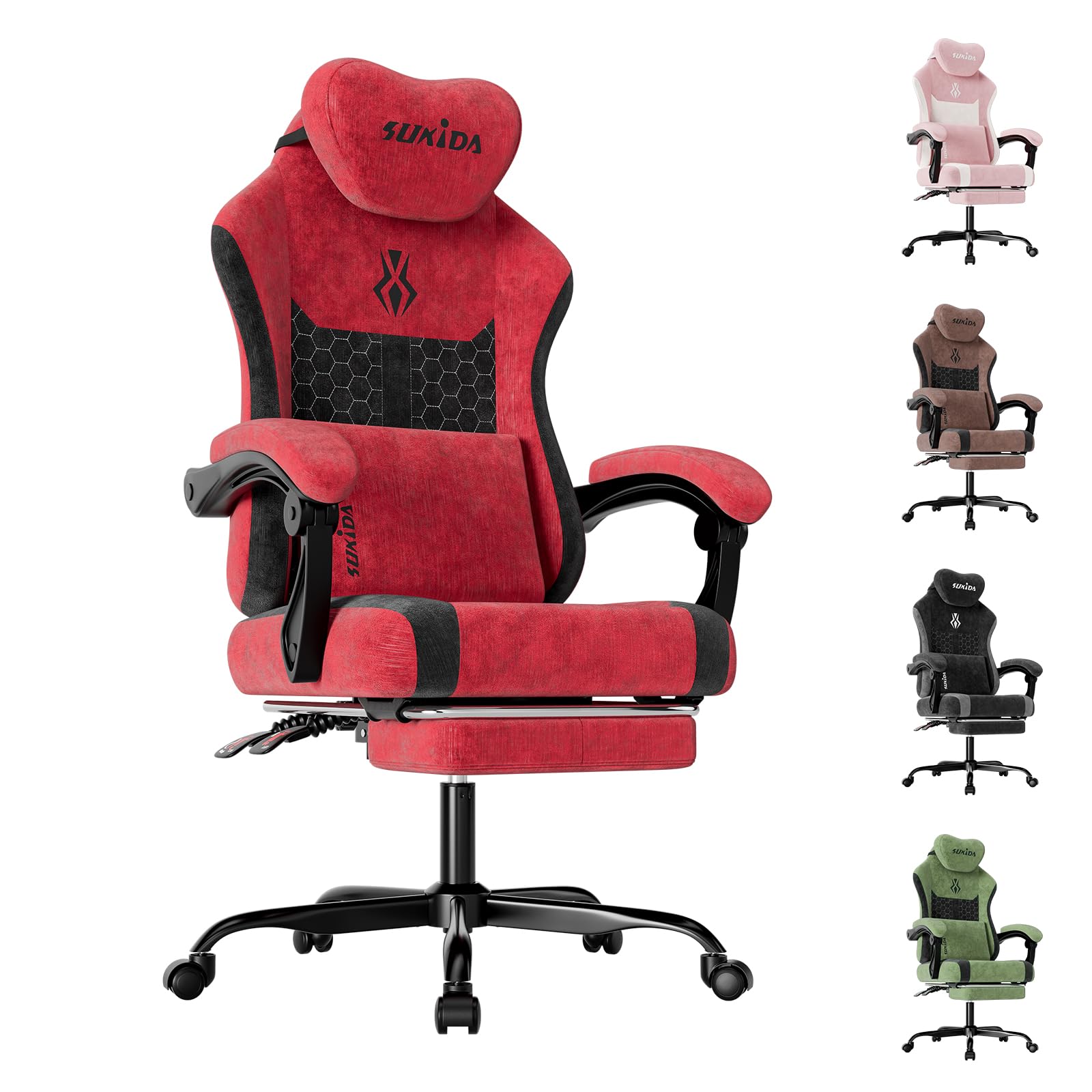 SUKIDA Gaming Stuhl, Ergonomischer Schreibtischstuhl mit Fußstütze Kopfstütze und Lendenkissen, Schreibtischstuhl mit Stoffoberfläche Hochwertiger - Stoff, Rot