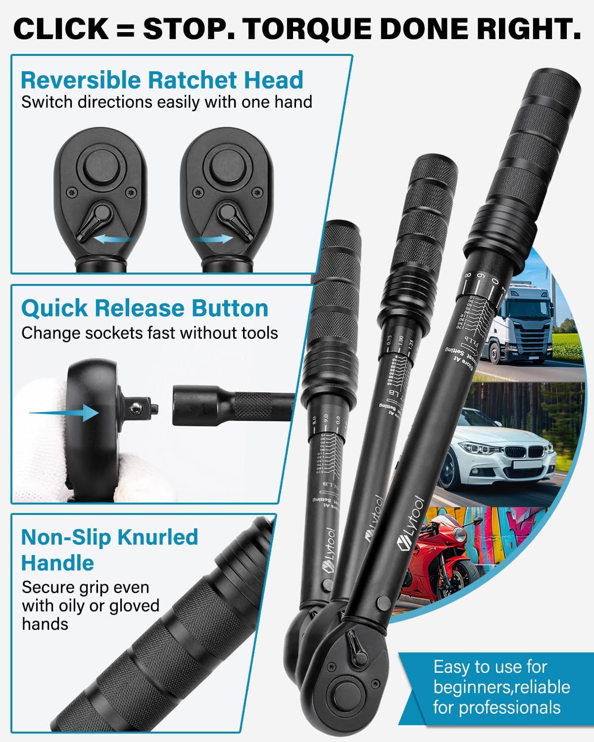 Lytool Torque Wrench Set 1/4" 3/8" 1/2" Drive (3-Piece), Click Type Torque Wrenches ±3% Accuracy, 72-Tooth Ratchet, Quick Release, Automotive Torque Wrench Set for Car, Bike, Motorcycle Repair