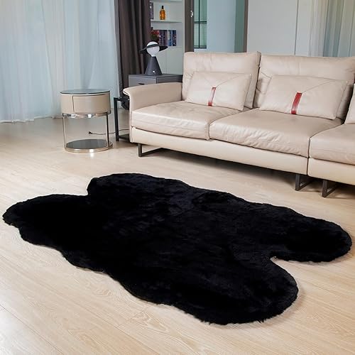 Miniatura 3 de Latepis Alfombra negra de piel de conejo sintética de 4 x 6 pies para sala de estar, alfombra lavable de 4 x 6 pies, alfombra mullida de felpa de