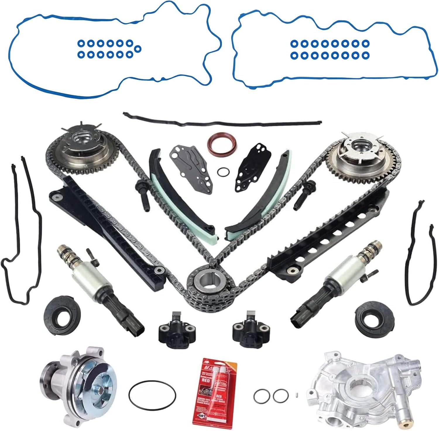 VVT Timing Chain Kit W/Camshaft Phasers (LH & RH),Water Pump,Timing Cover Gasket Set, Pair VCT Camshaft Timing Solenoid Valve Compatible with 04-08 Ford 5.4L