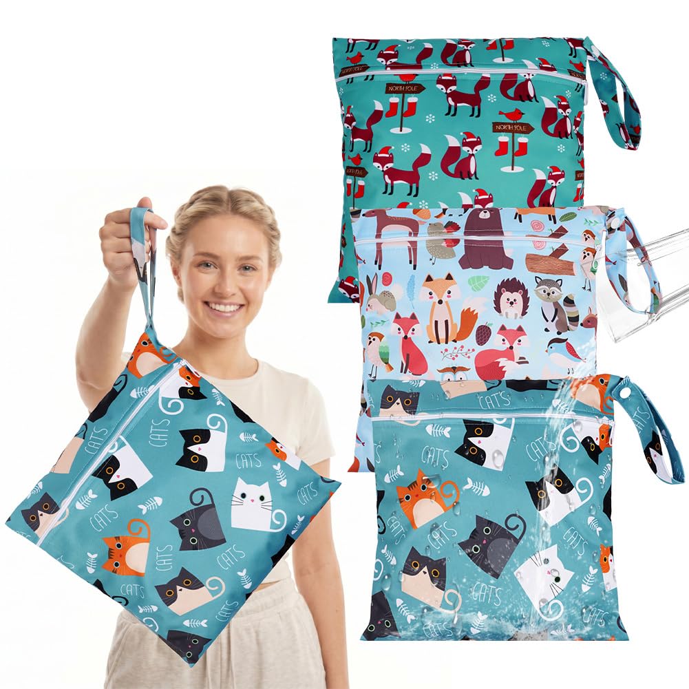 Aomig Sac À Couches Lavables, 3PCS Sac Étanche Réutilisable, Wet Dry Bag, Bag À Maillot Mouillé, Sac Humide À Fermeture Éclair, Hangable Wetbag de Voyage pour Vêtements de Bébé et Couches