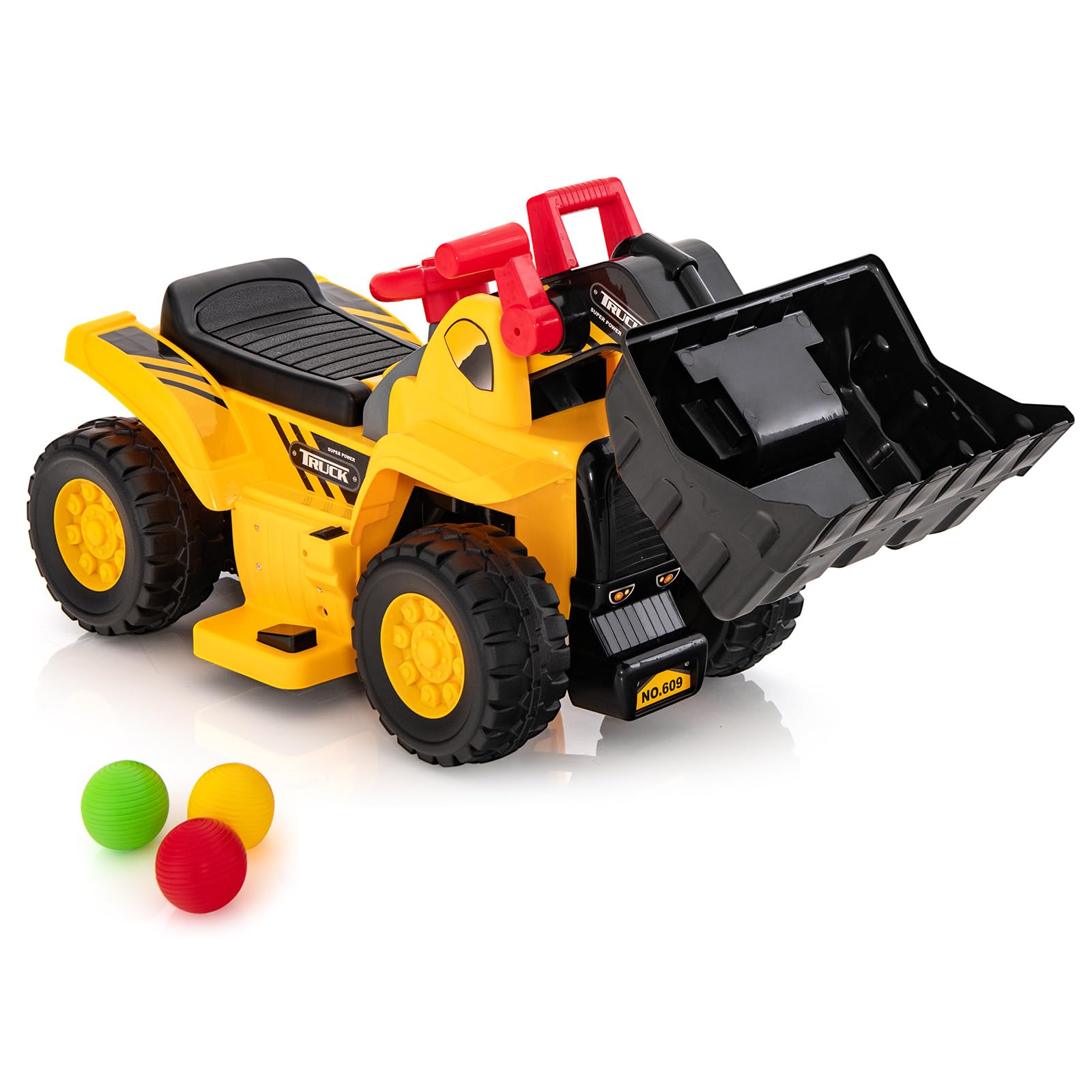 COSTWAY Sitzbagger, Kinderbagger elektrisch mit verstecktem Stauraum & Basketballkorb & 4 Sound-Tasten & 3 Bällen, Bagger zum draufsitzen, Sandbagger Aufsitzbagger für Kinder ab 2 Jahren