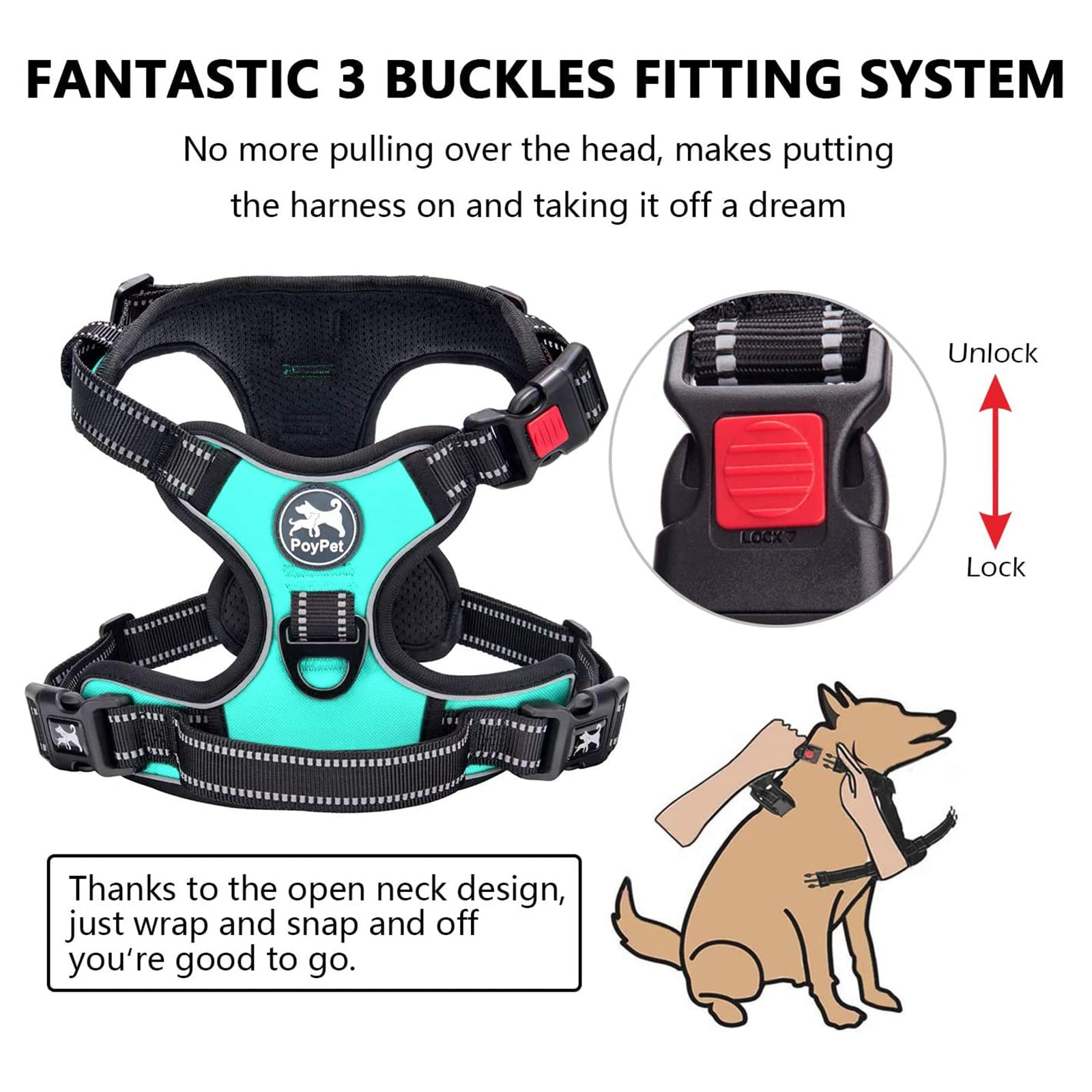 PoyPet No Pull Dog Harness with Neck Release Buckle, Reflective No-Choke Harness with 2 Leash Clip - Image 4