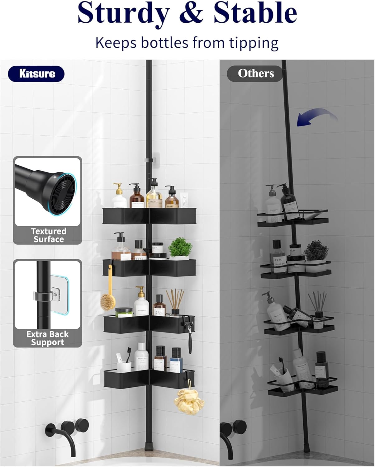 Kitsure Tension Pole Shower Caddy - Adjustable Corner Shower Shelf with Metal Baskets, Rust-Resistant Bathroom Shower Organizer, No-Drill Installation, (Adjustable Height: 34.2-114.1 in), W 7.4 in