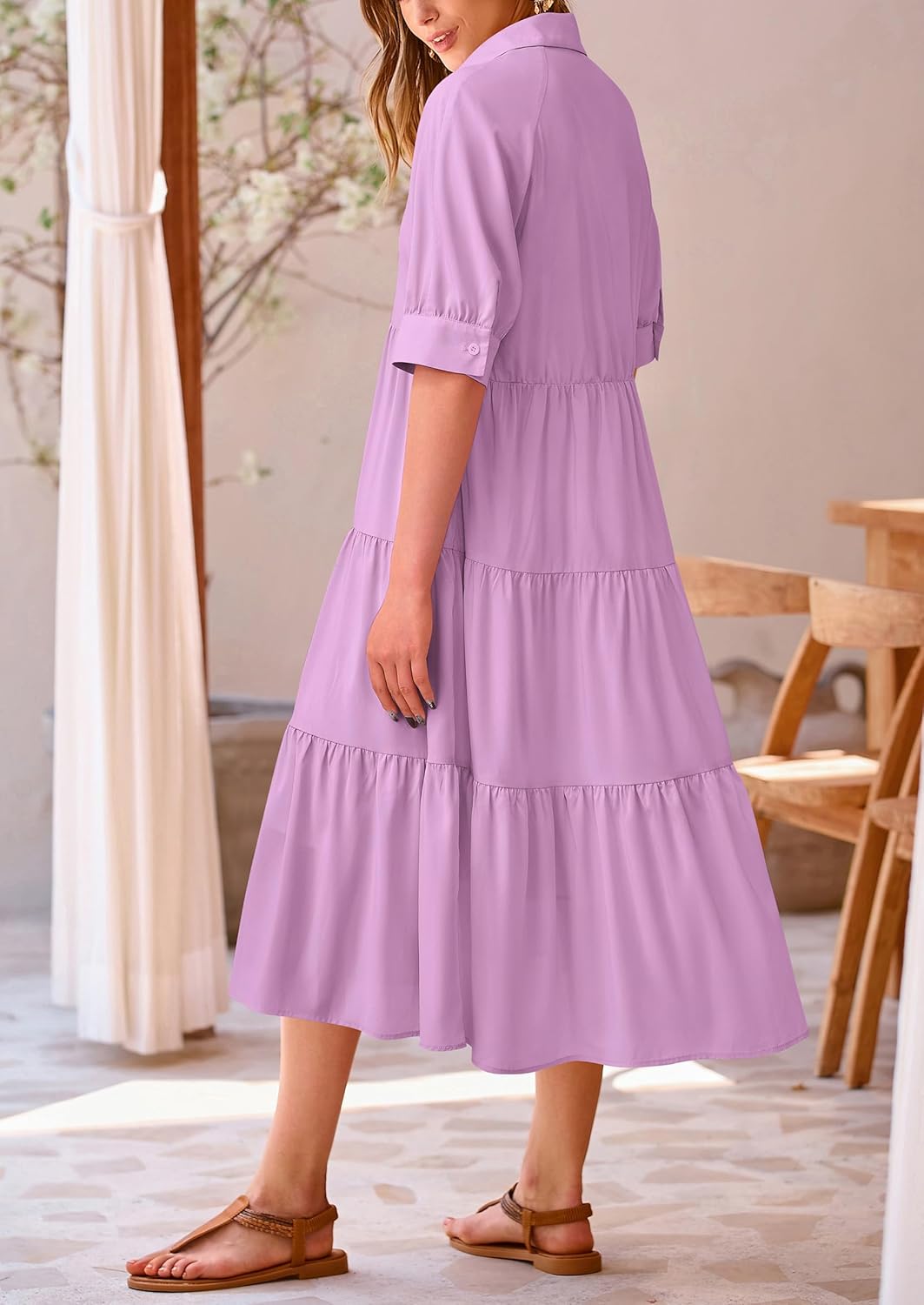 PRETTYGARDEN Long Dress for Women Summer Button Up Short Sleeve Plain Ruffle Maxi Dresses (Solid Purple,XX-Large) - Image 2