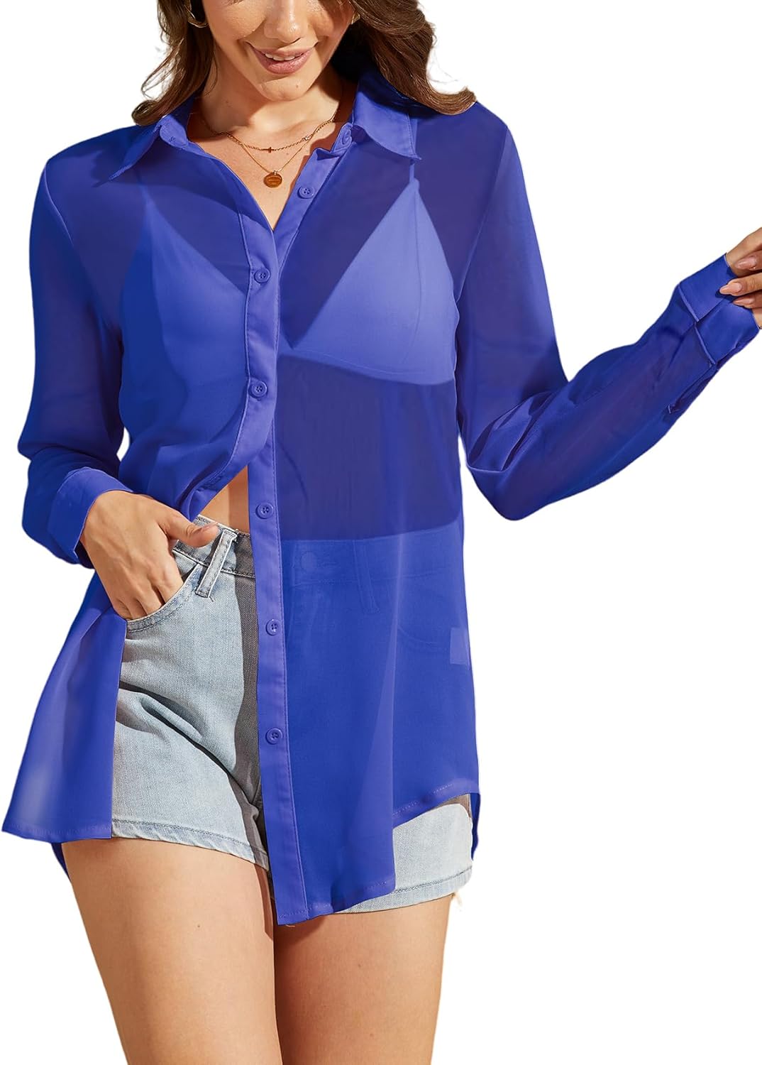 Arssm Sheer Tops for Women Sheer Button Up Blouse Long Sleeve Sexy See Through Tops Mesh Shirts